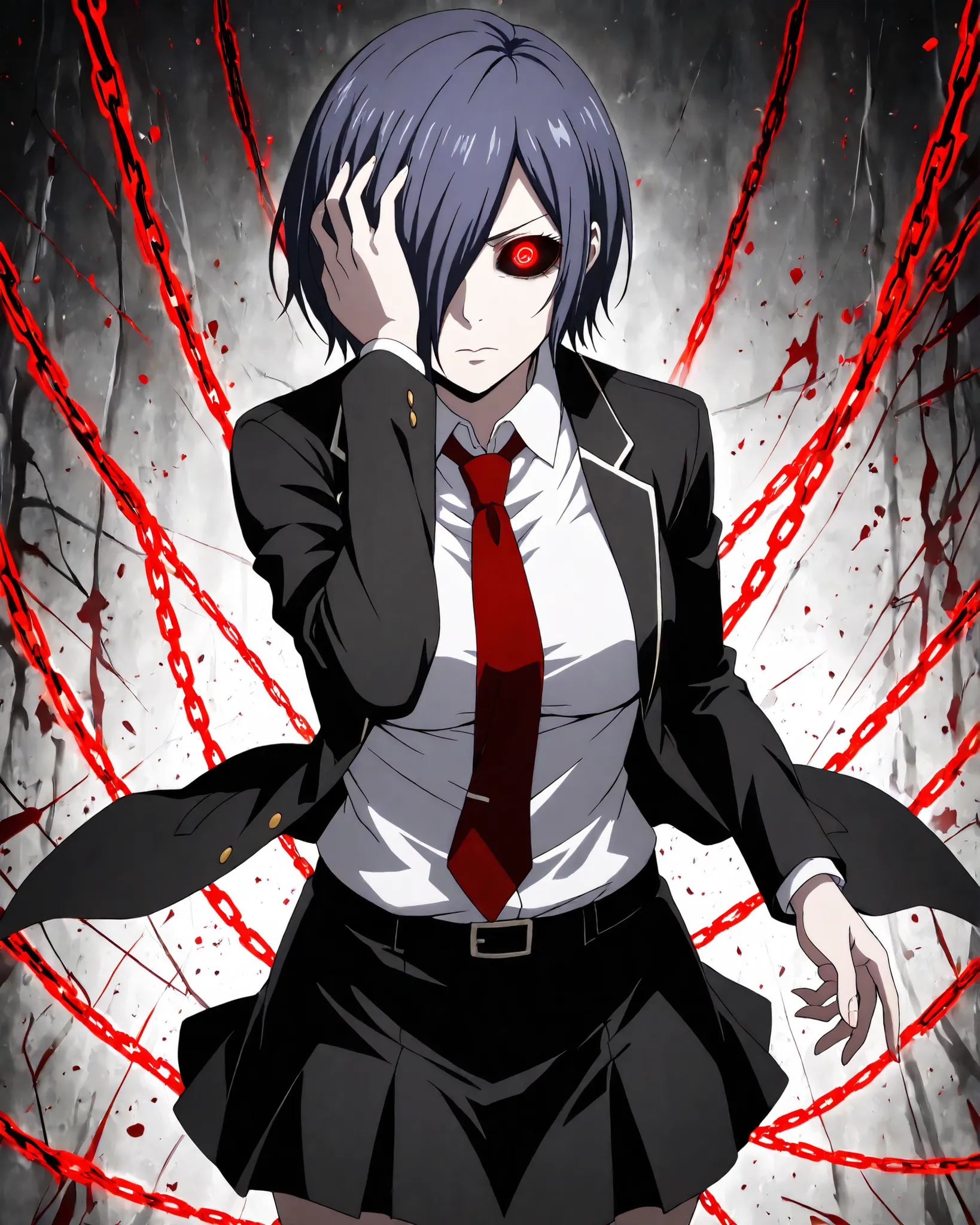 highly detailed, ultra-detailed, finely crafted features, masterpiece, Kirishima touka, Tokyo ghoul, anime girl, blue-purple hair, Short hair, Touka Kirishima hairstyle, covering her hair on the left side of her face,   ghoul eyes, red eyes, glowing, color...