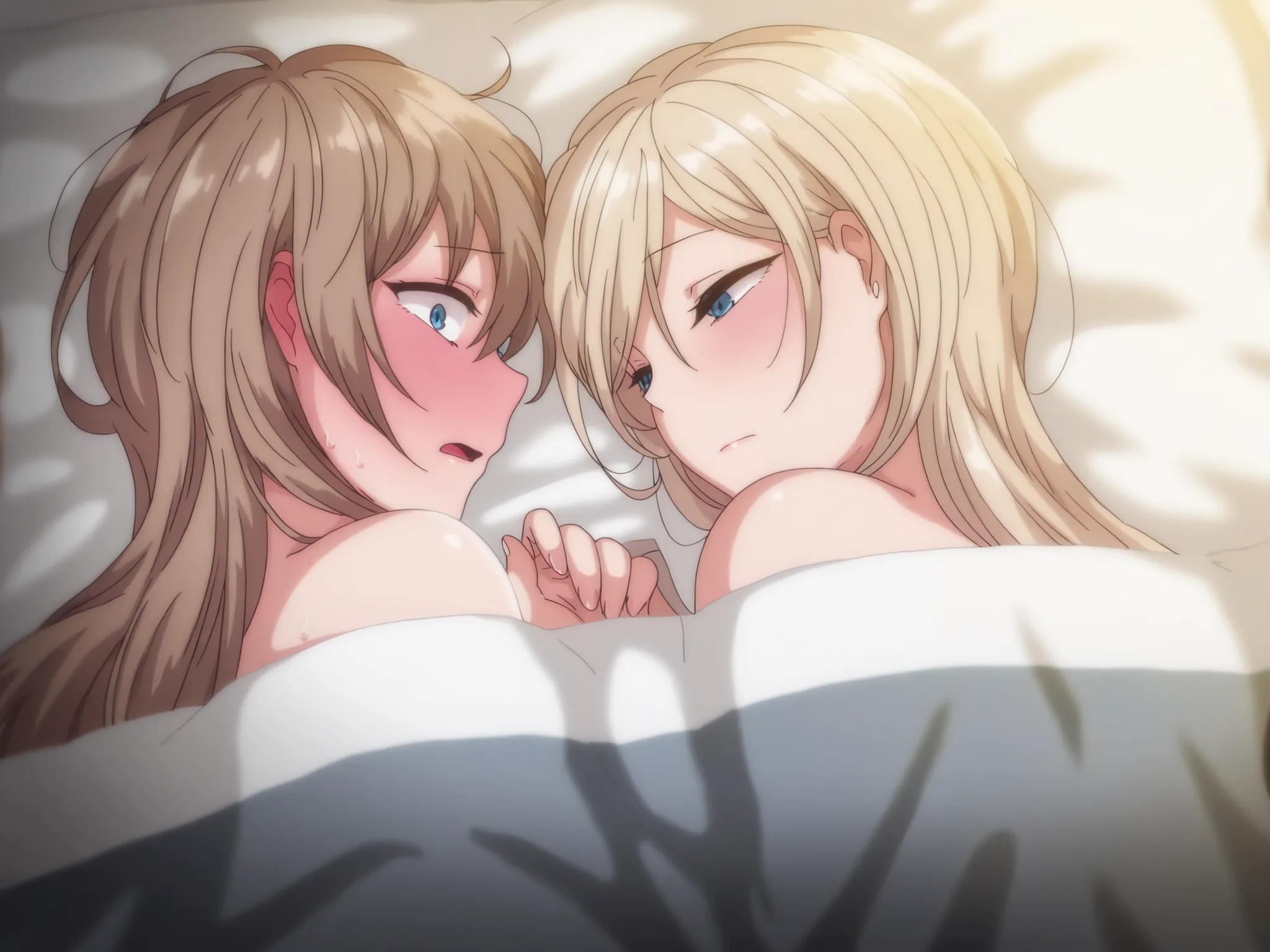 masterpiece, best quality, amazing quality, 2 girls , kurashiki reigns, long hair, blue eyes, blonde hair, chisa, alone, chisa_IlXL, brown hair, lying up, naked, covered by the duvet, shocked, shy, blushing,there is 1 boy in the middle of them, he is sleep...