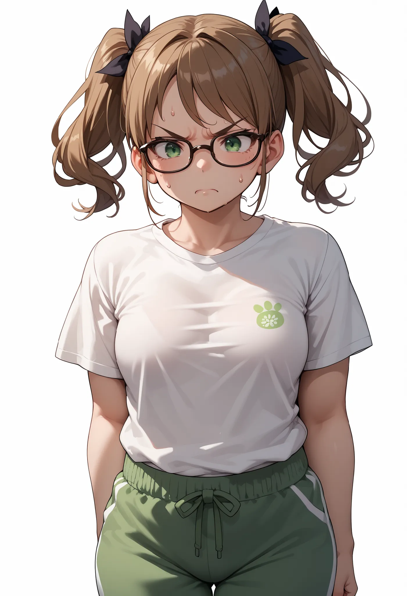 source_anime ,score_9, score_8_ up, score_7, ((White background)) ((japan woman)) ((1girl)) (solo girl) ,30 years old, rathing_questionable (White over size t-shirt:1.4) (green sweatpants:1.2), green eyes , (green tied in a double ponytail) ,(Brown cat g...