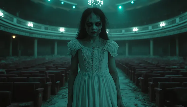 "A ghostly young girl in a tattered white Victorian-era frock standing in an abandoned 1900s theater, eerie and cinematic. Her face is pale with hollow, shadowed eyes, a sinister smile, and streaks of dried blood running down her cheeks. The theater is dec...