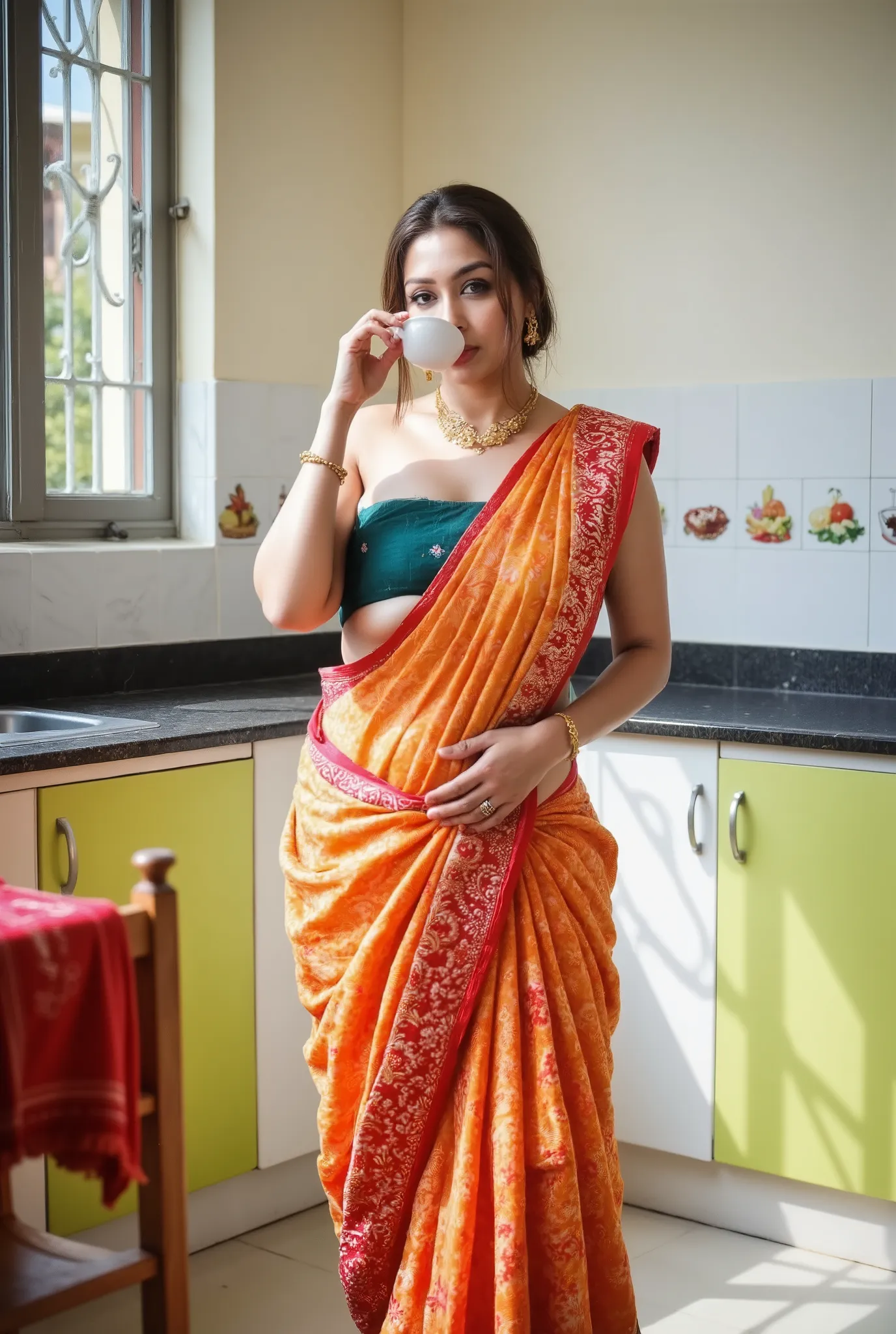 A woman wearing a revealing vibrant orange and red saree with a dark green blouse stands in a brightly lit kitchen, drinking from a white cup. The saree features a subtle floral pattern and is draped elegantly over her shoulder, exposing her midriff. She w...
