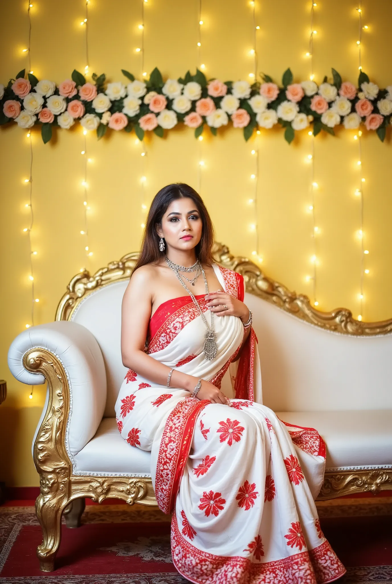 A woman is seated on an ornate, cream-colored chaise lounge with gold accents. She is wearing a revealing traditional Indian saree, predominantly white with red floral patterns and a red border, exposing her midriff. The saree is draped elegantly over her ...