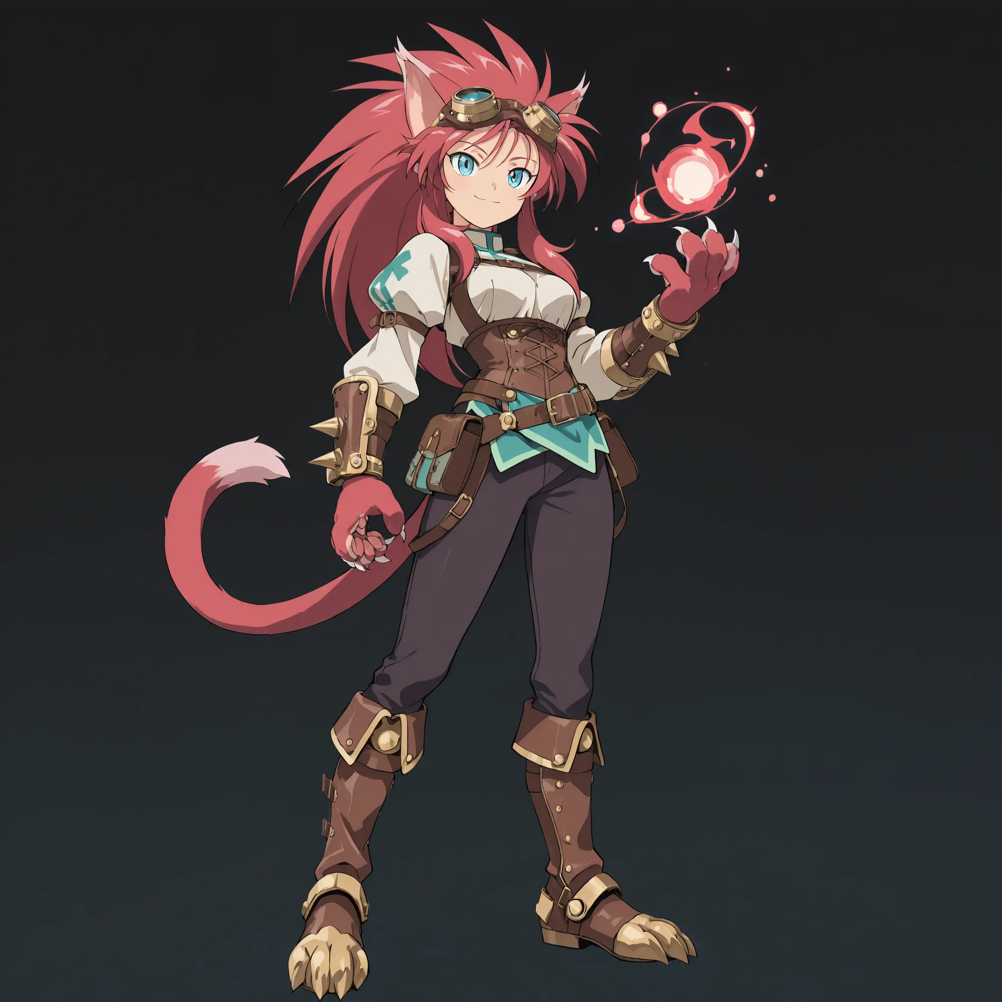 ((solo:5.5)), score_9, score_8_up, best quality, masterpiece, 2d, intricate details, official style, anime, anime style, full body picture, catgirl, 1girl, red hair, spiked hair, blue eyes, enchanting eyes, wild hair, long hair, small smile, animal ears, p...