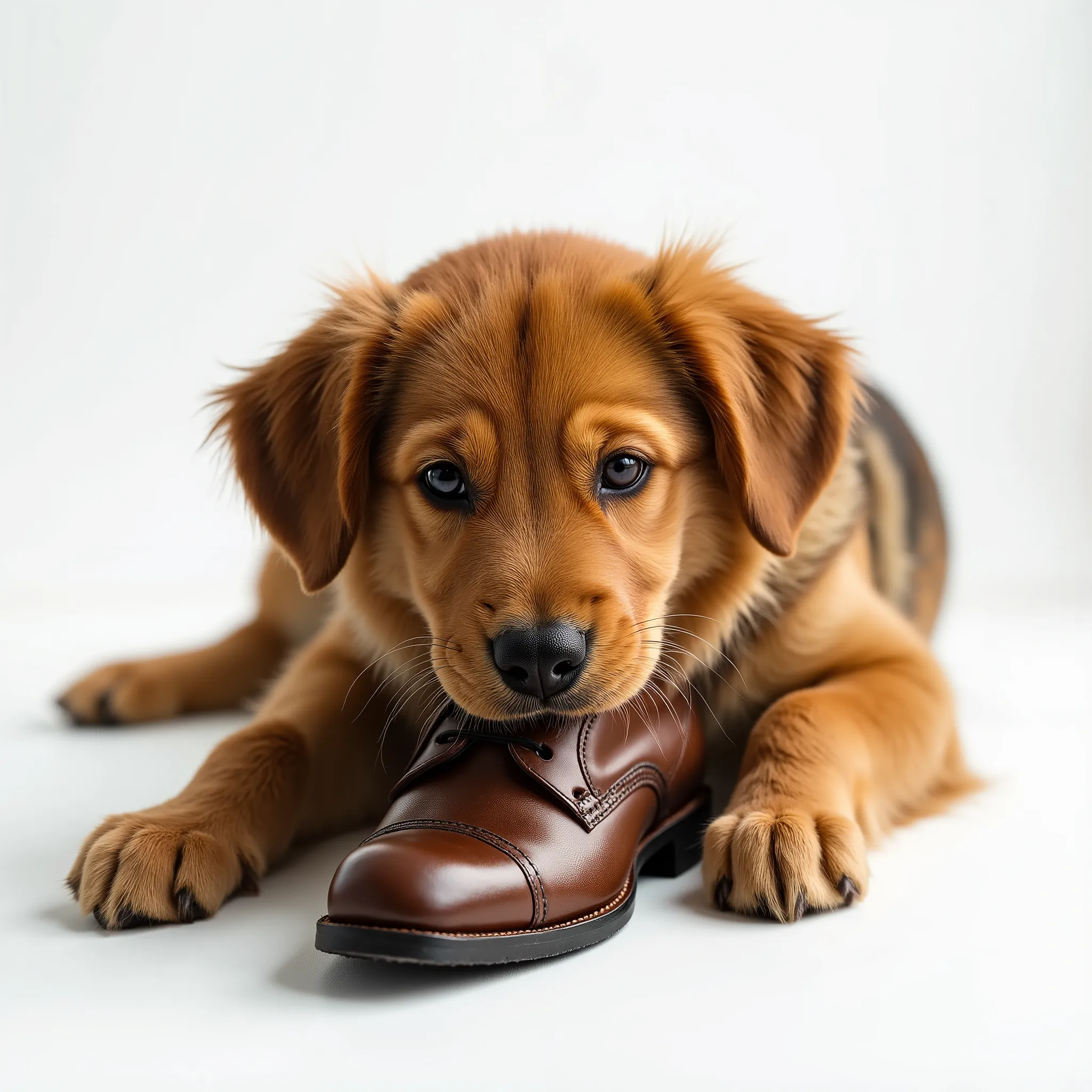 Photorealistic image of a dog chewing a men's leather shoe on a clean white background. The dog is lying down with the shoe between its paws, looking playful and mischievous. Realistic fur texture, sharp focus, high detail, studio lighting, DSLR photo qual...