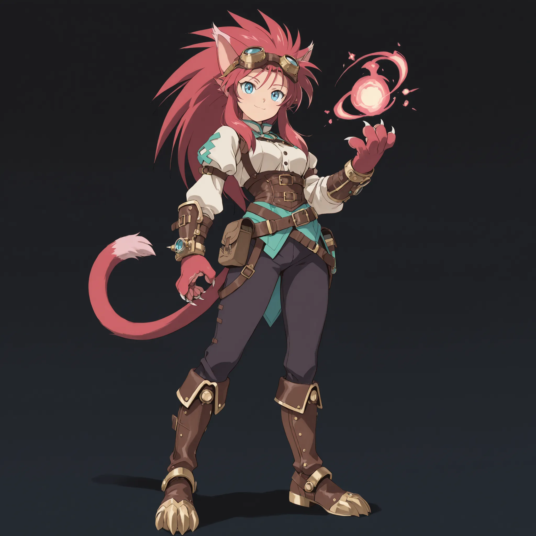 ((solo:5.5)), score_9, score_8_up, best quality, masterpiece, 2d, intricate details, official style, anime, anime style, full body picture, catgirl, 1girl, red hair, spiked hair, blue eyes, enchanting eyes, wild hair, long hair, small smile, animal ears, p...