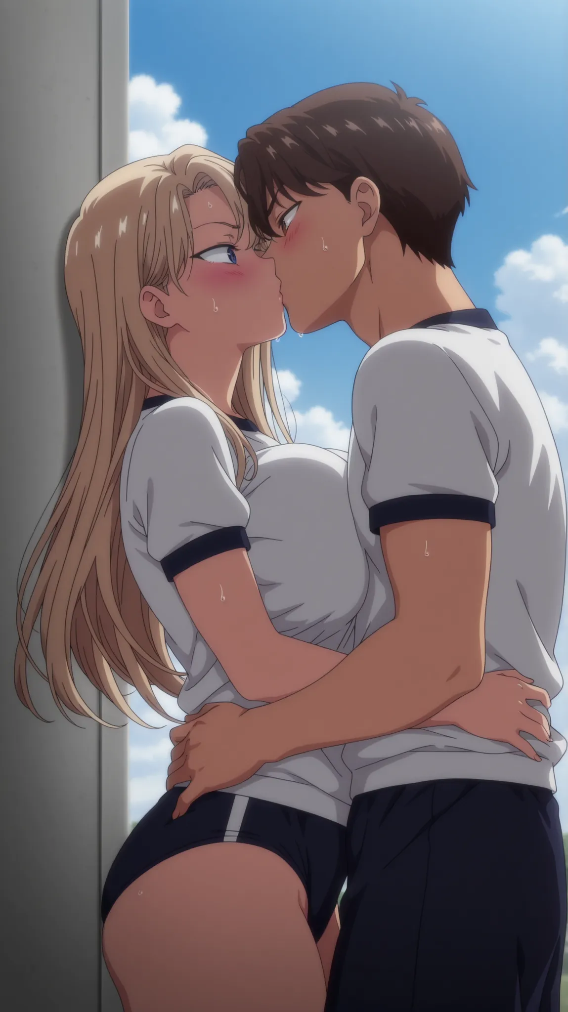 1 girl and 1 boy, brunette, brown eyes, brown hair,amazing quality, blonde hair, blue eyes, gym outfit,masterpiece,Best quality,Best illustration,Anime coloring,Anime screenshot,Best shading,Very aesthetic,Realistic wind,Anime screenshot,Looking at boy,big...