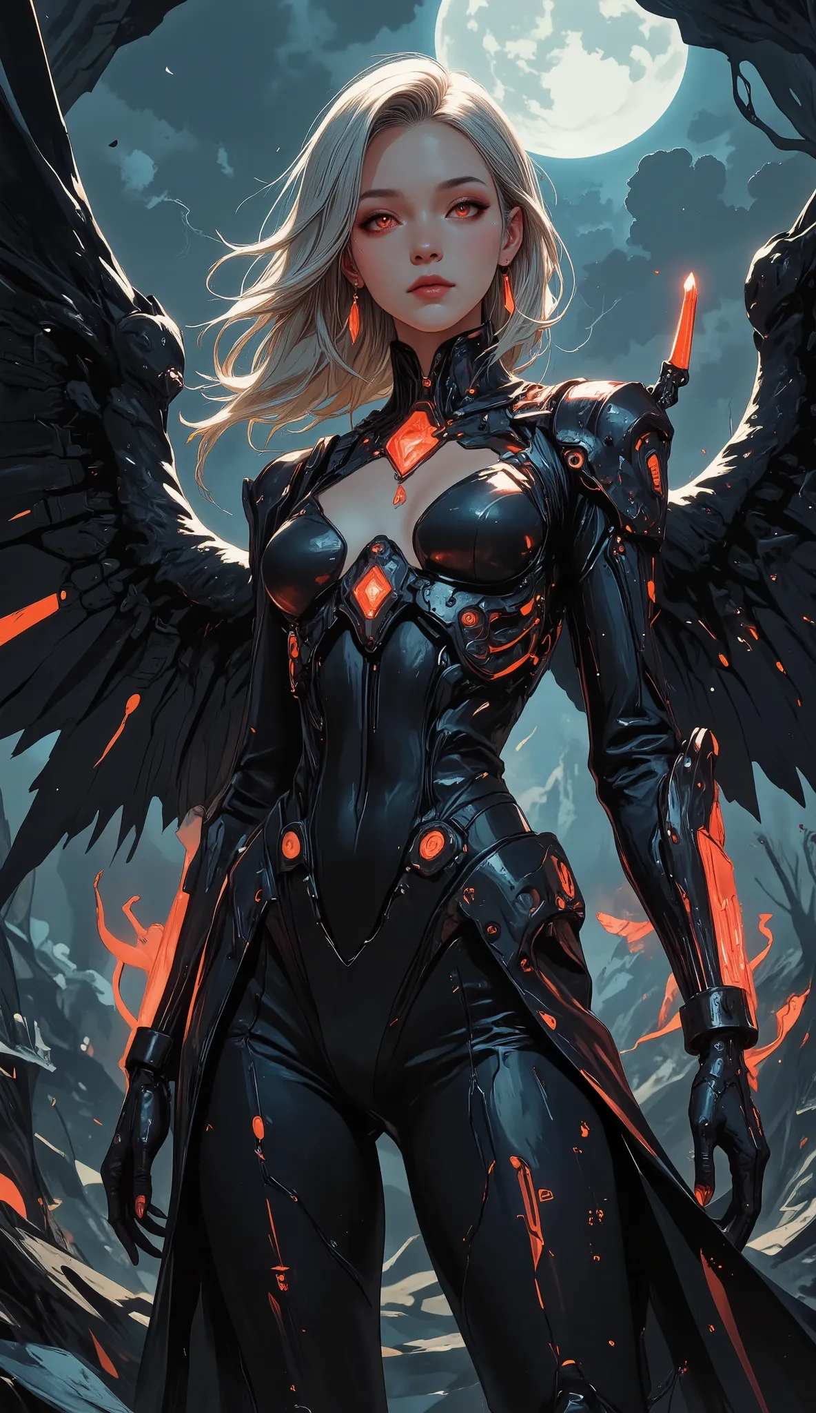 solo, Sexy female, (a fallen angel with cyberpunk style), (beautiful onyx-black metallic wings on her back, beautiful mechanical wings), ((standing with little open stance)), (((she is beckoning you))), (a glowing Crystal skeleton on her right hand), front...