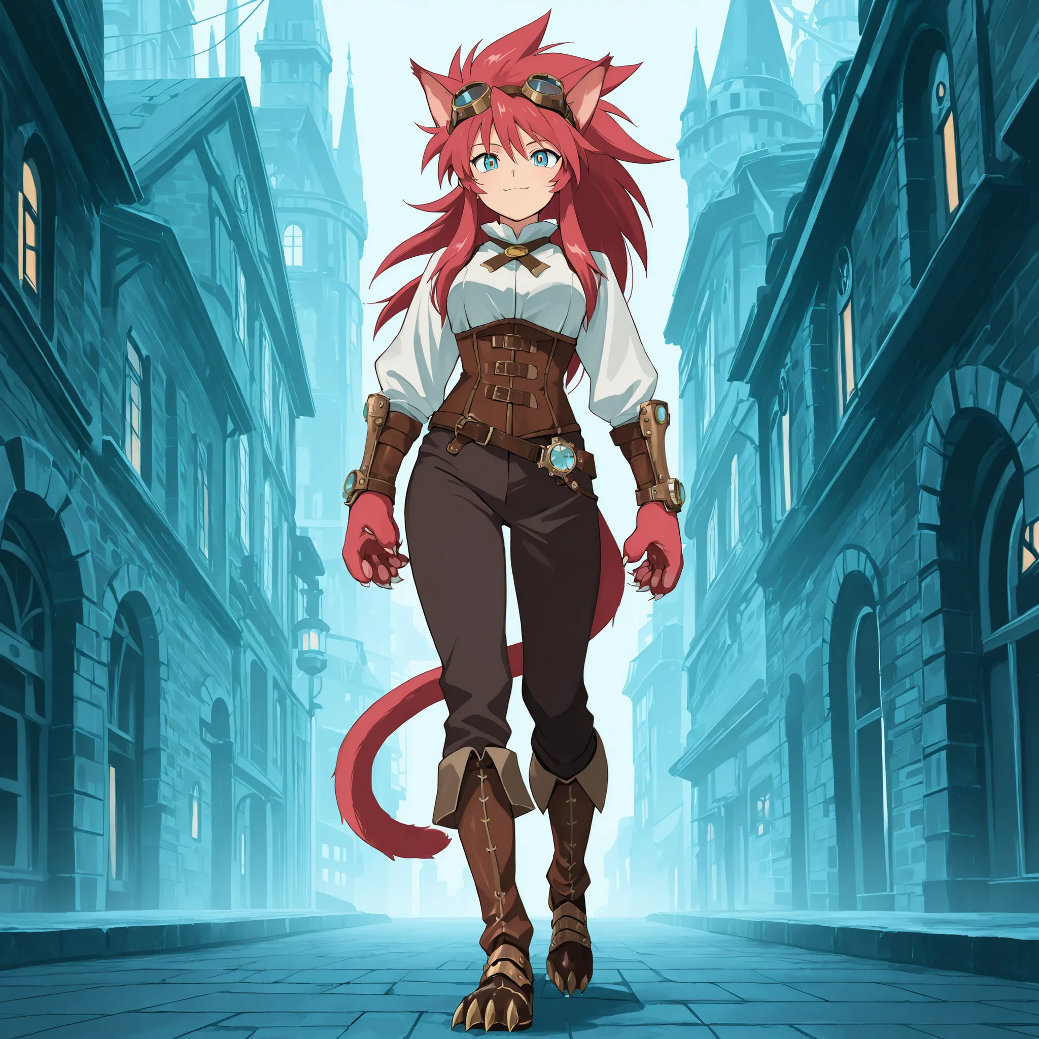((solo:5.5)), score_9, score_8_up, best quality, masterpiece, 2d, intricate details, official style, anime, anime style, full body picture, catgirl, 1girl, red hair, spiked hair, blue eyes, enchanting eyes, wild hair, long hair, small smile, animal ears, p...