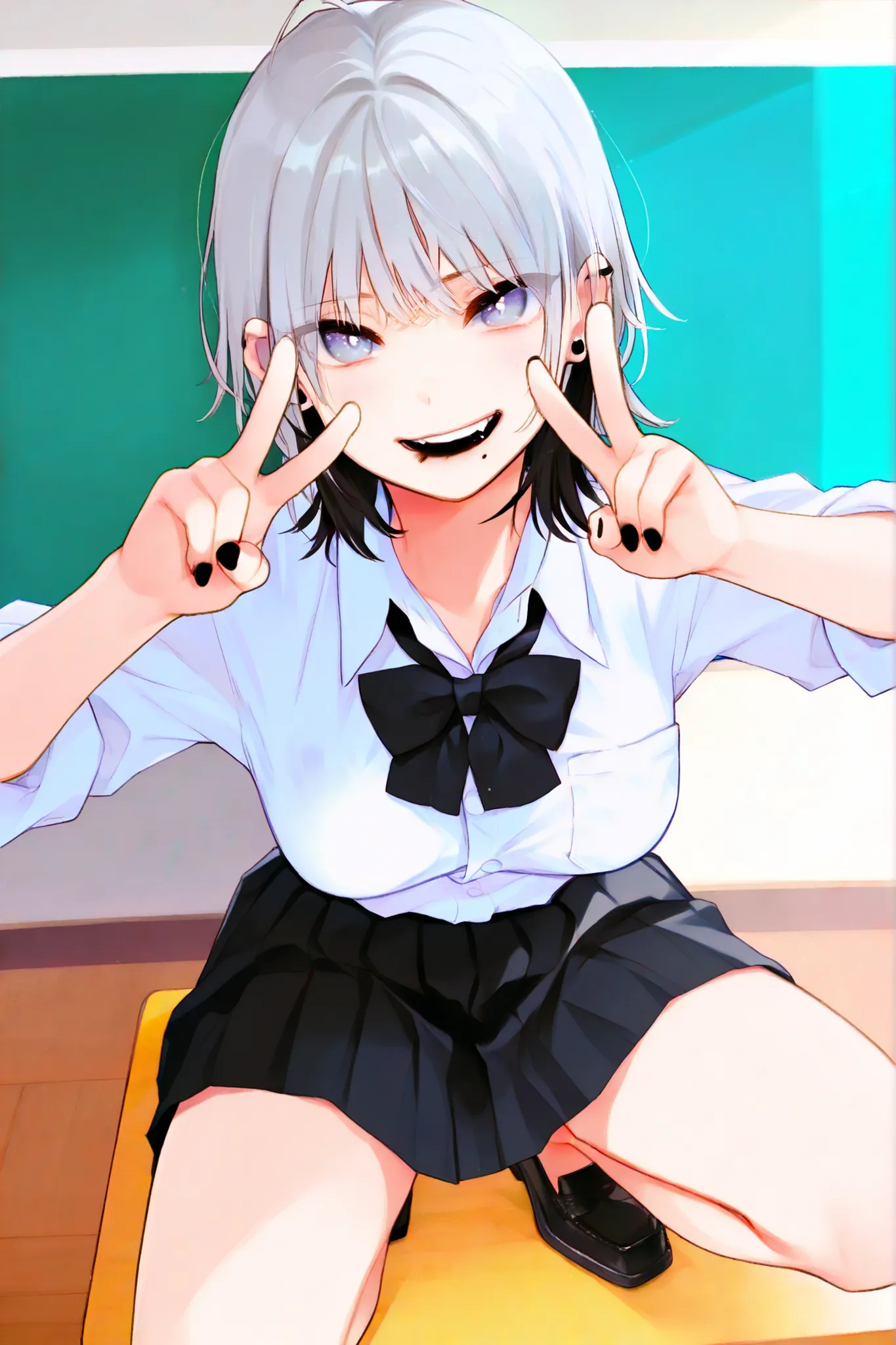 Fuzuki_Fuuro,1girl, solo,front view, silver hair,mullet hairstyle,wolf cut, tousled, fluffy, airy texture, natural movement, white school shirt, large black bow tie at the collar, black pleated skirt, japanese high school uniform, loafers, bare legs, no so...