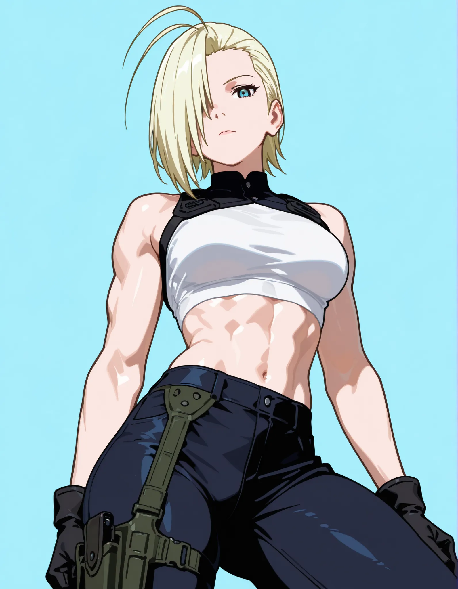 beautiful woman in her thirties, blonde hair, long thin face, blue eyes, narrow gaze, short hair, slicked back hair, slicked back hair, emo bangs that fall over one eye (antenna bangs) (Yamanaka Ino bangs), tall athletic woman, tight white top, black tacti...