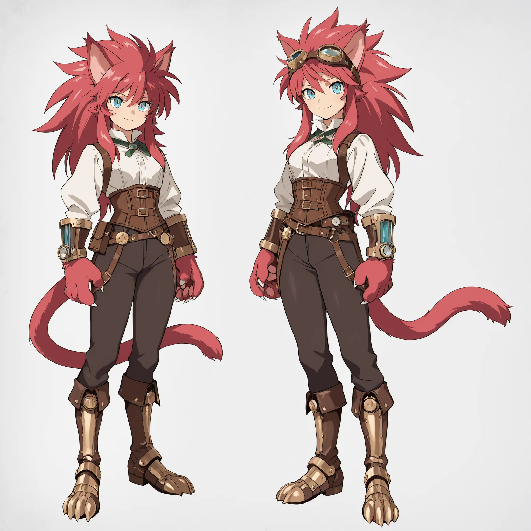 ((solo:5.5)), score_9, score_8_up, best quality, masterpiece, 2d, intricate details, official style, anime, anime style, full body picture, catgirl, 1girl, red hair, spiked hair, blue eyes, enchanting eyes, wild hair, long hair, small smile, animal ears, p...