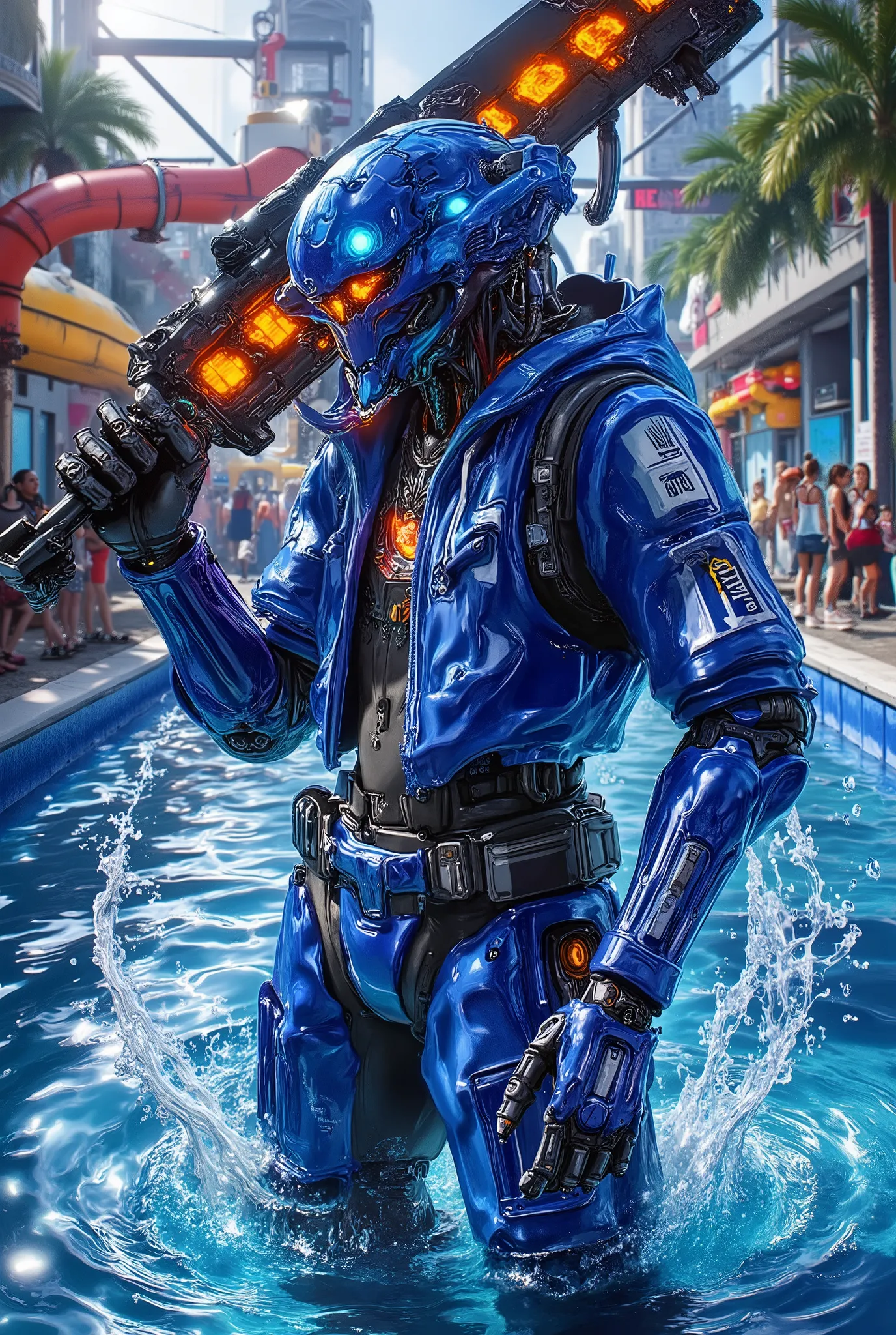 Masterpiece, legend, highres, award, professional quality, perfect lighting, (Highest quality), future, (((Lots of girls))), blue Troopers, in huge pool at water park, detailed Asymmetrical blue exoskeleton suit with colorful large bold water gun with pump...