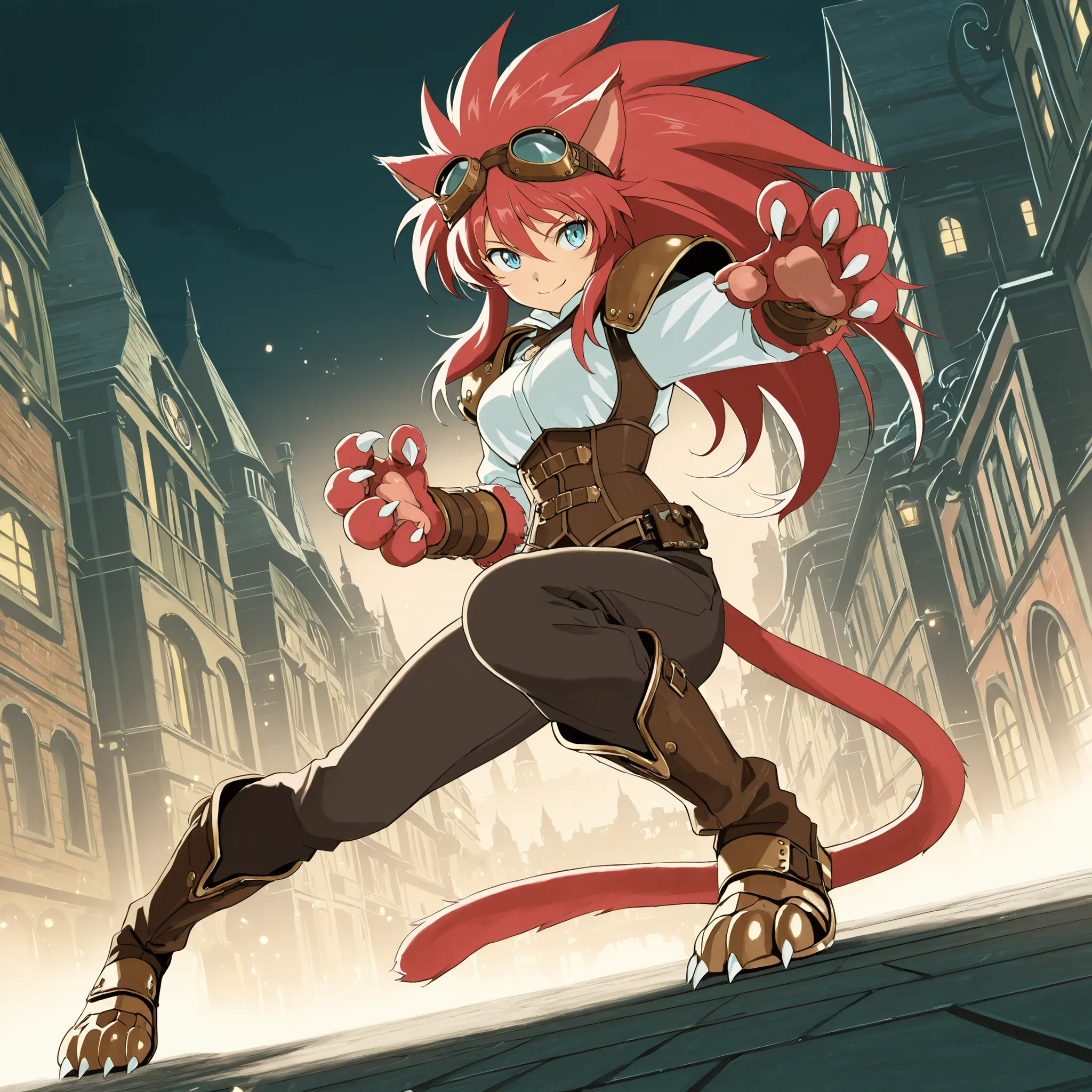 ((solo:5.5)), score_9, score_8_up, best quality, masterpiece, 2d, intricate details, official style, anime, anime style, full body picture, catgirl, 1girl, red hair, spiked hair, blue eyes, enchanting eyes, wild hair, long hair, small smile, animal ears, p...