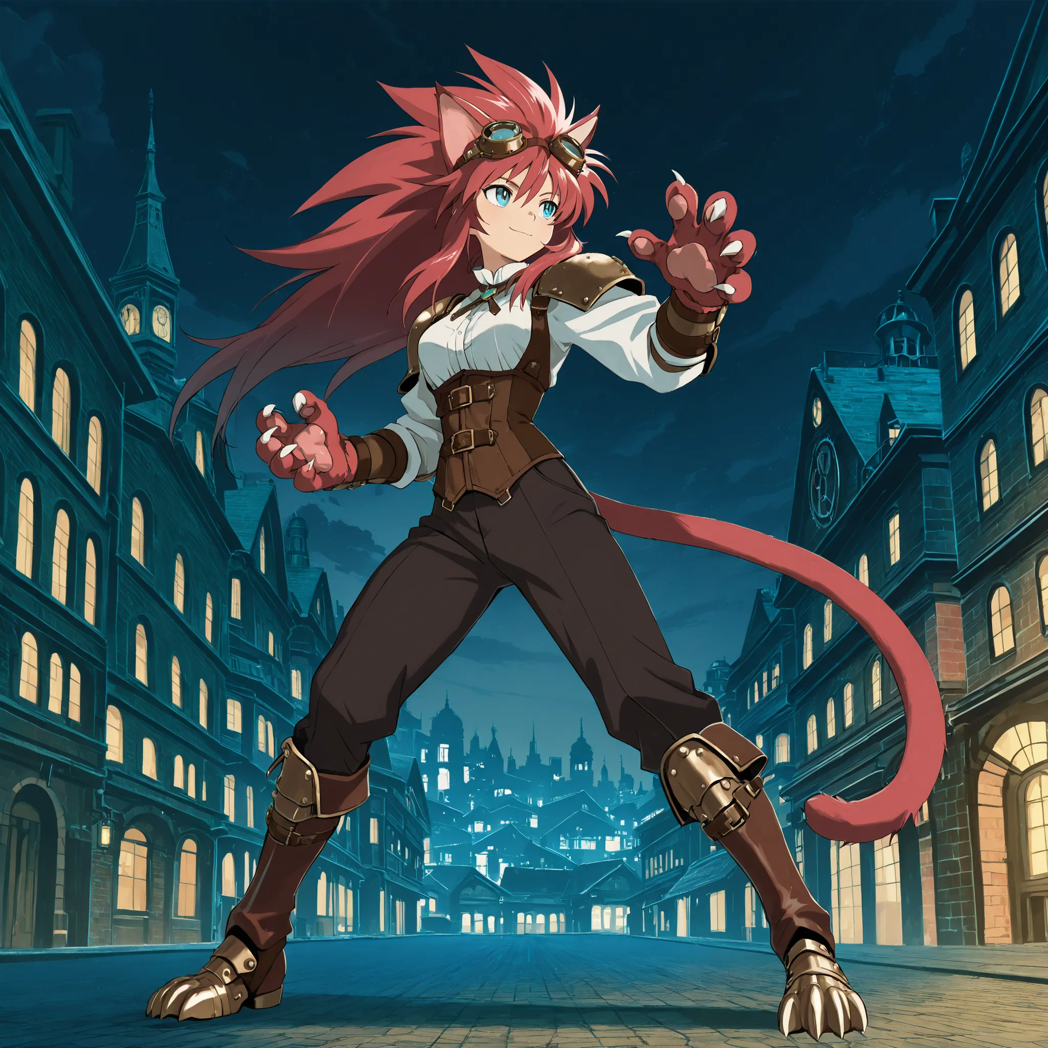 ((solo:5.5)), score_9, score_8_up, best quality, masterpiece, 2d, intricate details, official style, anime, anime style, full body picture, catgirl, 1girl, red hair, spiked hair, blue eyes, enchanting eyes, wild hair, long hair, small smile, animal ears, p...