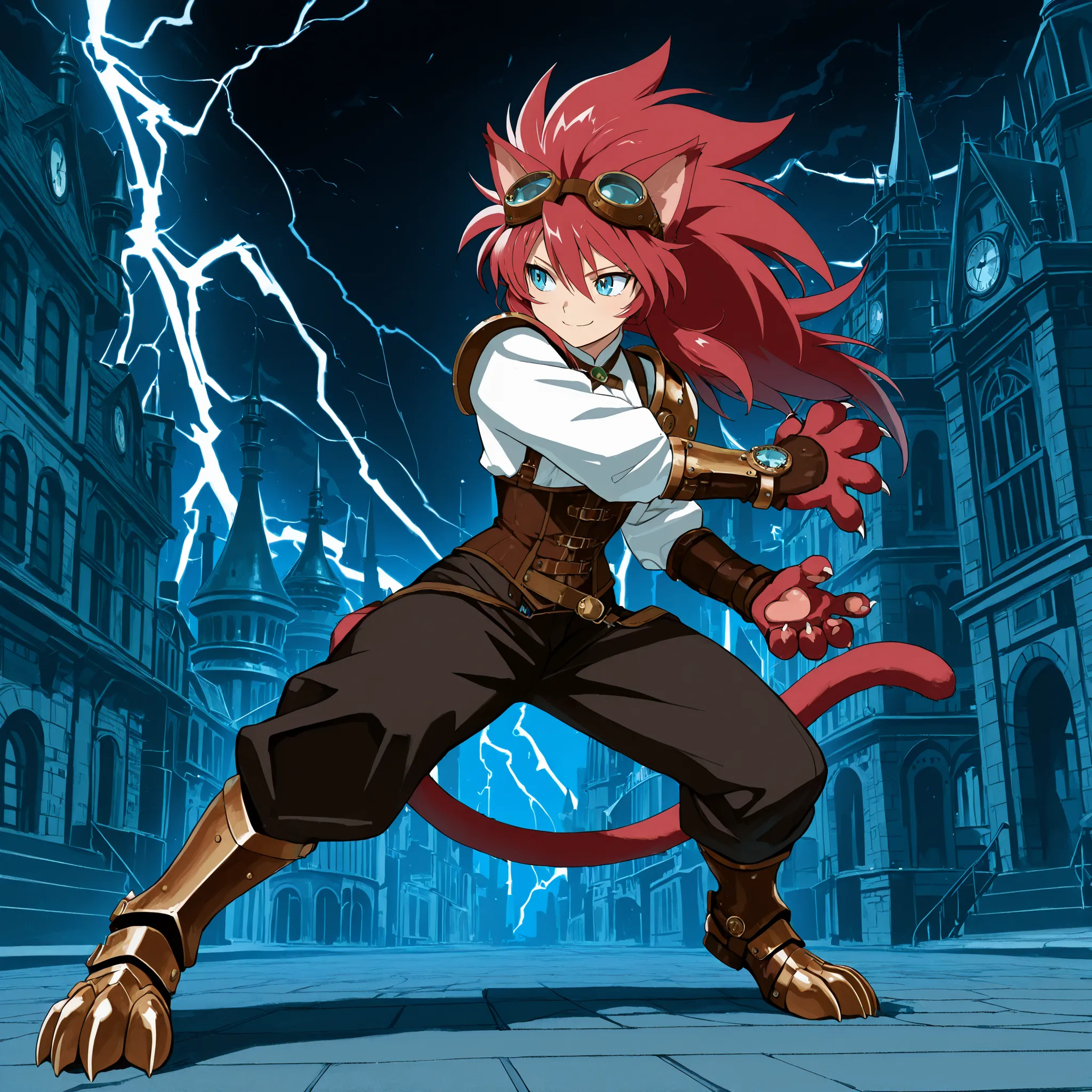 ((solo:5.5)), score_9, score_8_up, best quality, masterpiece, 2d, intricate details, official style, anime, anime style, full body picture, catgirl, 1girl, red hair, spiked hair, blue eyes, enchanting eyes, wild hair, long hair, small smile, animal ears, p...
