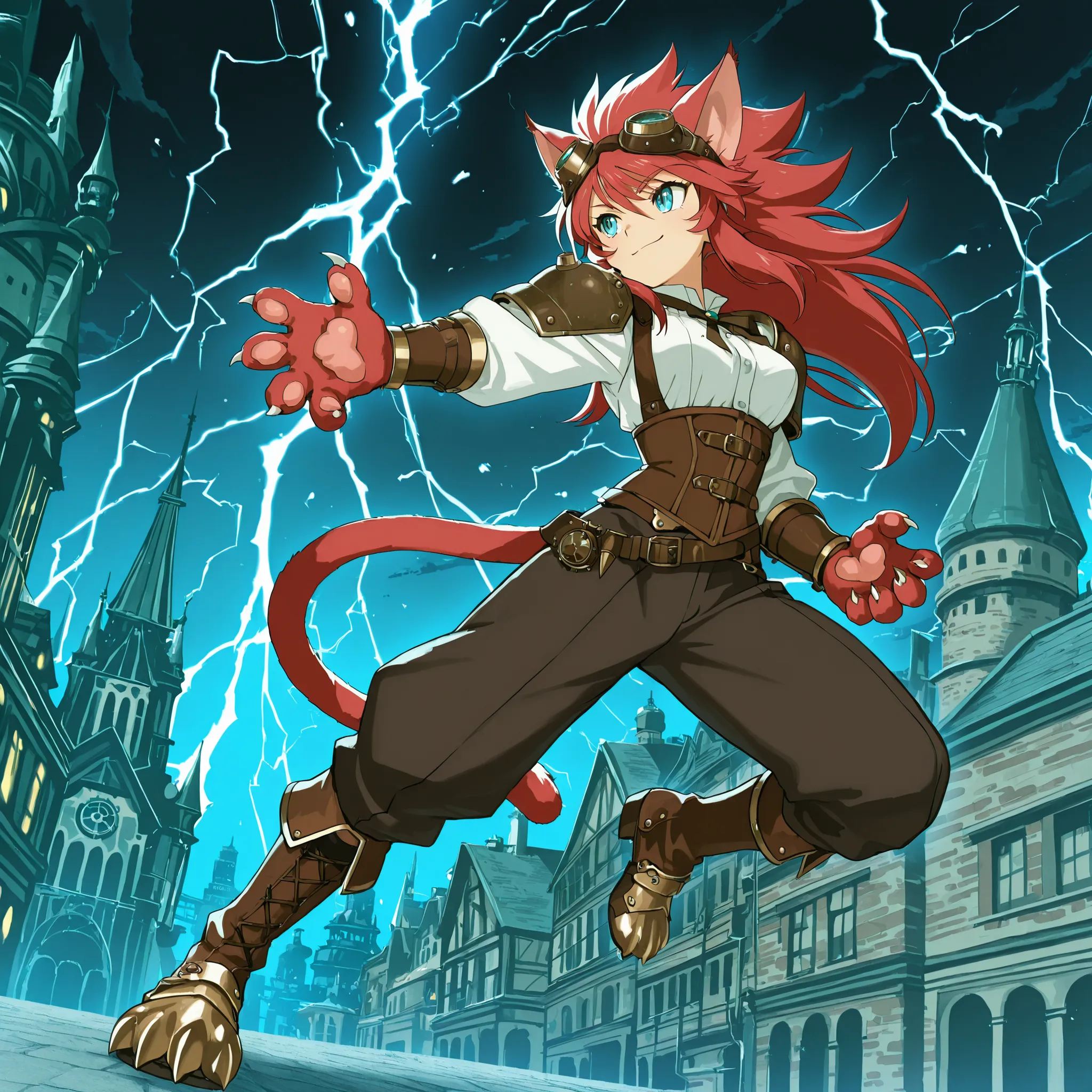 ((solo:5.5)), score_9, score_8_up, best quality, masterpiece, 2d, intricate details, official style, anime, anime style, full body picture, catgirl, 1girl, red hair, spiked hair, blue eyes, enchanting eyes, wild hair, long hair, small smile, animal ears, p...