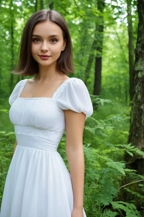 A very beautiful and cute polish girl looks at me in the forest wearing a white dress fully.looks at me close