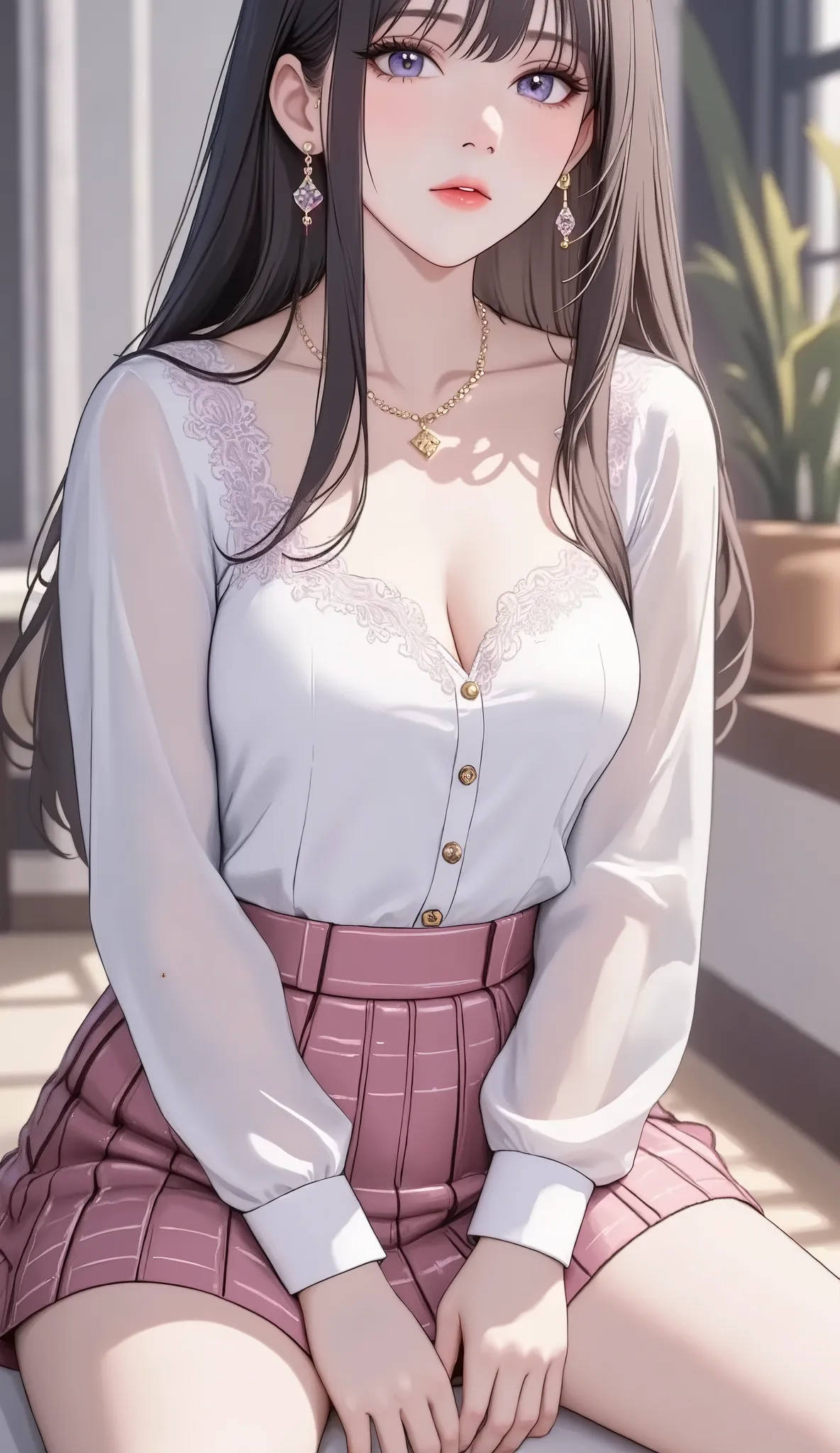 ((Ahegao)), (low lighting), (neon atmosphere), light background, nezuko komado, wearing a ((hoop earrings, college girl (Purple straight long ponytail hair, Princess Updo, HairClips, Hair Ornaments, perfect glowing pink-purple eyes) in uniform, (pink plaid...