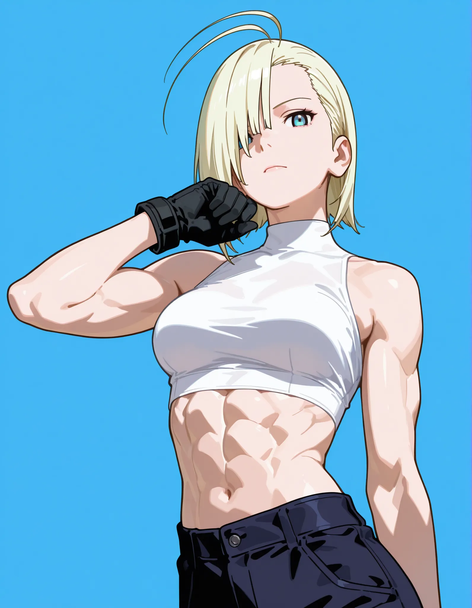close-up of the face. Beautiful woman in her thirties, blonde hair, long thin face, blue eyes, narrow gaze, short hair, hair slicked back, emo bangs that fall over one eye (antenna bangs) (Yamanaka Ino bangs), tall and athletic woman, tight white top, blac...