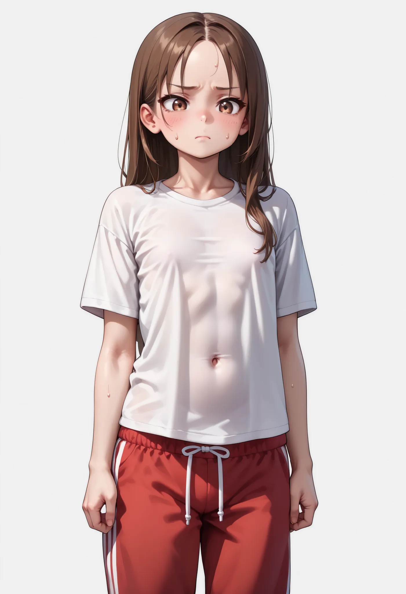 source_anime ,score_9, score_8_ up, score_7, ((White background)) ((Russian woman)) ((1girl)) (solo girl) ,30 years old, rathing_questionable (White oversized t-shirt:1.4) (Red sweatpants:1.2), brown eyes , (brown Long hair) , straight hair , ((small brea...