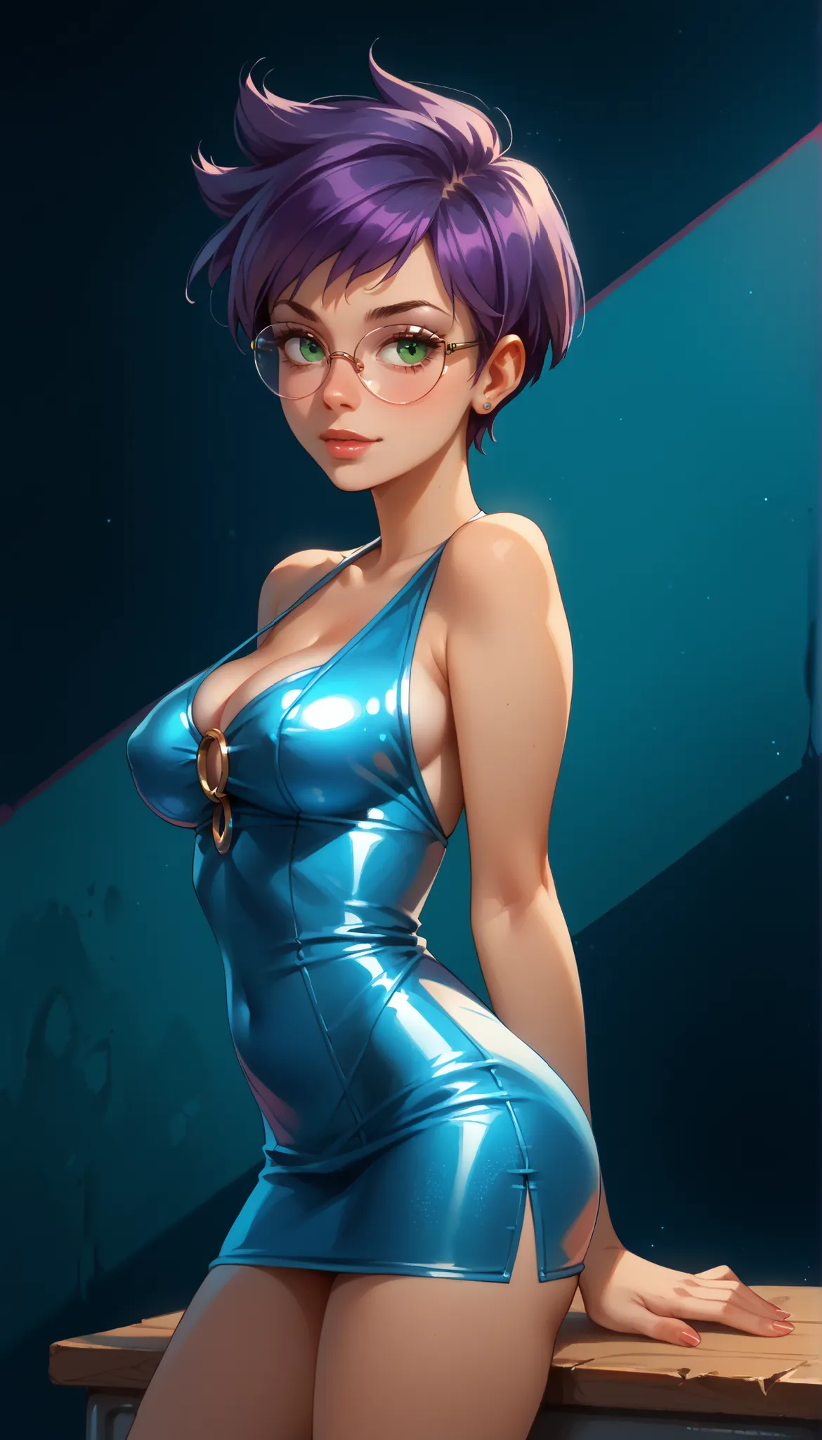 score_9, score_8_up, score_7_up, score_6_up, 8k, high detailed picture, realistic style, masterpiece, very young girl, huge perfect breasts, torpedotits, (thin, slender, narrow shoulders and hips, anorexic girl, slender legs and arms), lena, purple hair, g...