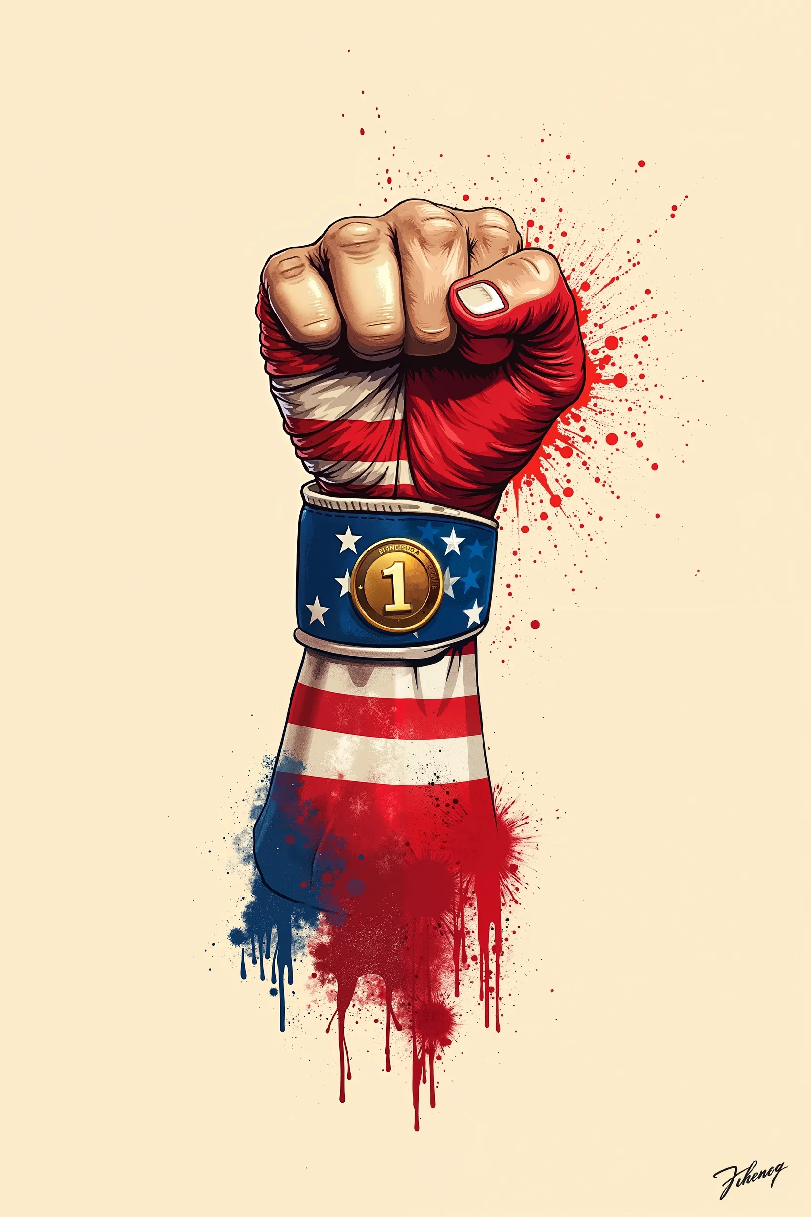Digital illustration of a clenched fist with an American flag wrapped around it. the fist is painted in red, white, and blue colors, with the stars and stripes clearly visible. the wristband is also painted in the colors of the American flag. in the center...