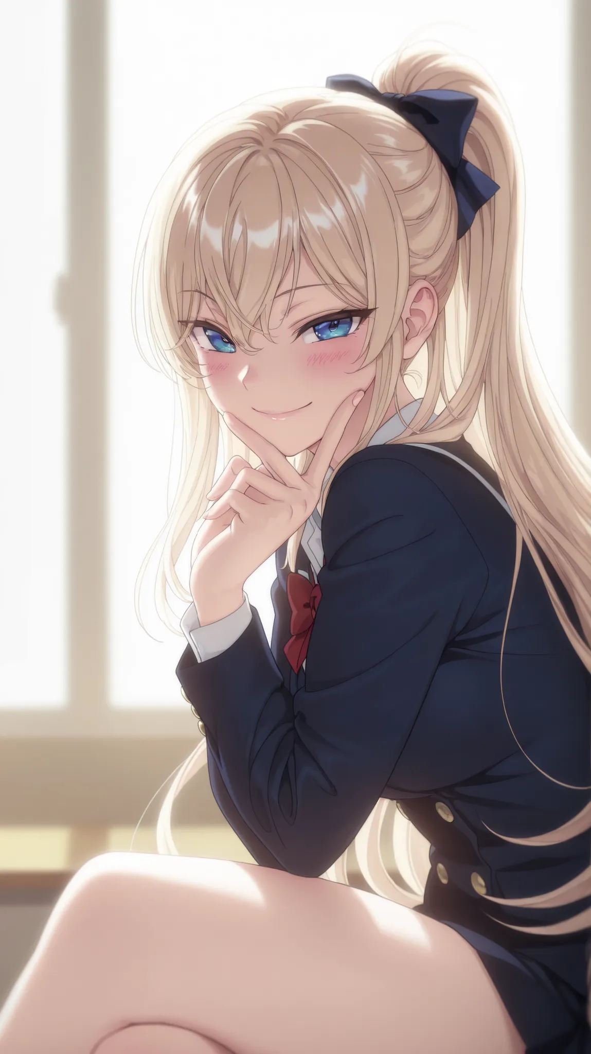 1 girl,Reika Kurashiki, blonde hair, long hair, blue eyes, smiling, happy, blushing, looking at viewer, masterpiece, best quality, high quality, smile, school outfit, dynamic lighting, Ultra detailed, highres, stunning visual cg, all body,sitting, side vie...