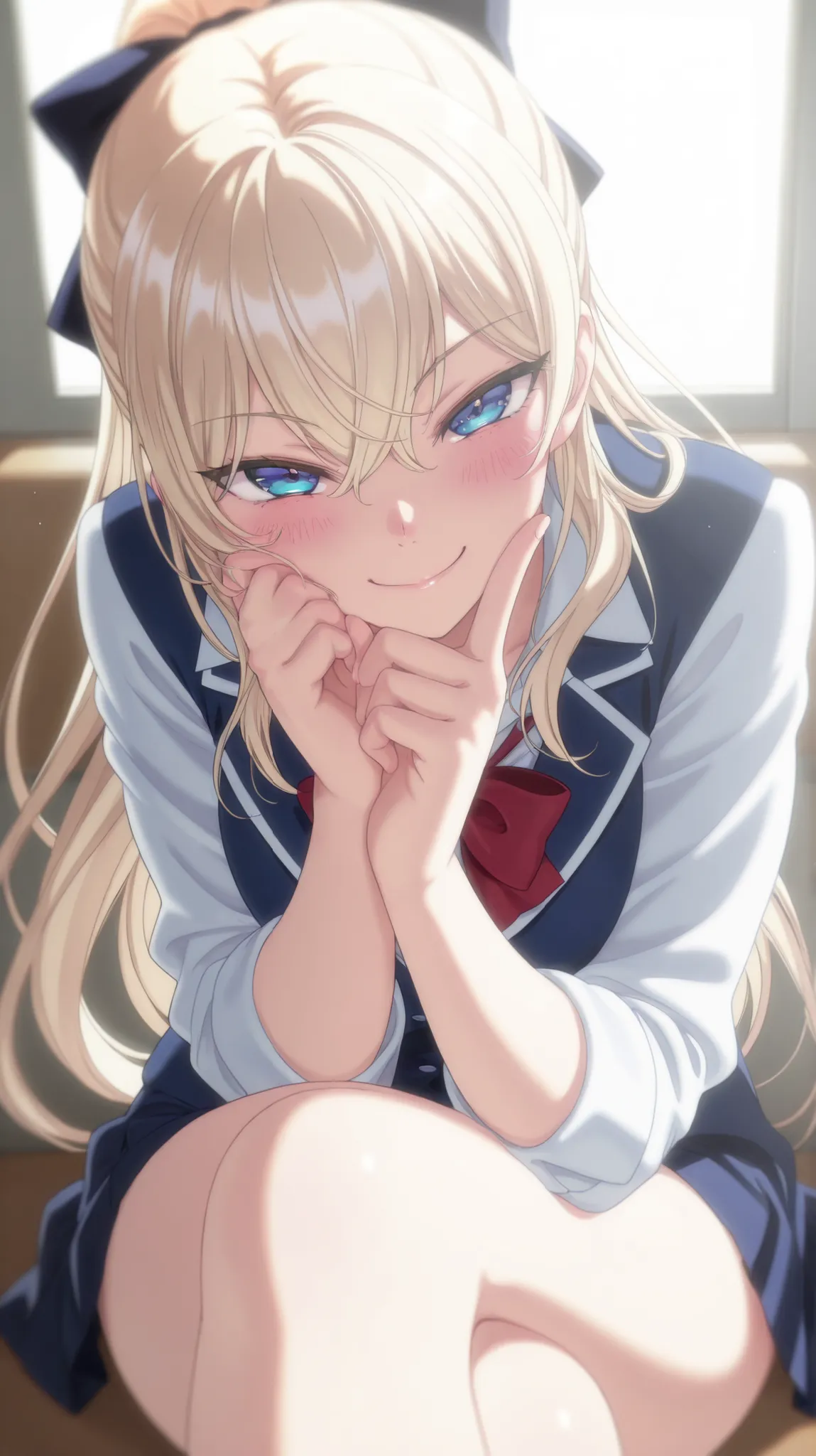 1 girl,Reika Kurashiki, blonde hair, long hair, blue eyes, smiling, happy, blushing, looking at viewer, masterpiece, best quality, high quality, smile, school outfit, dynamic lighting, Ultra detailed, highres, stunning visual cg, all body,sitting, top view...