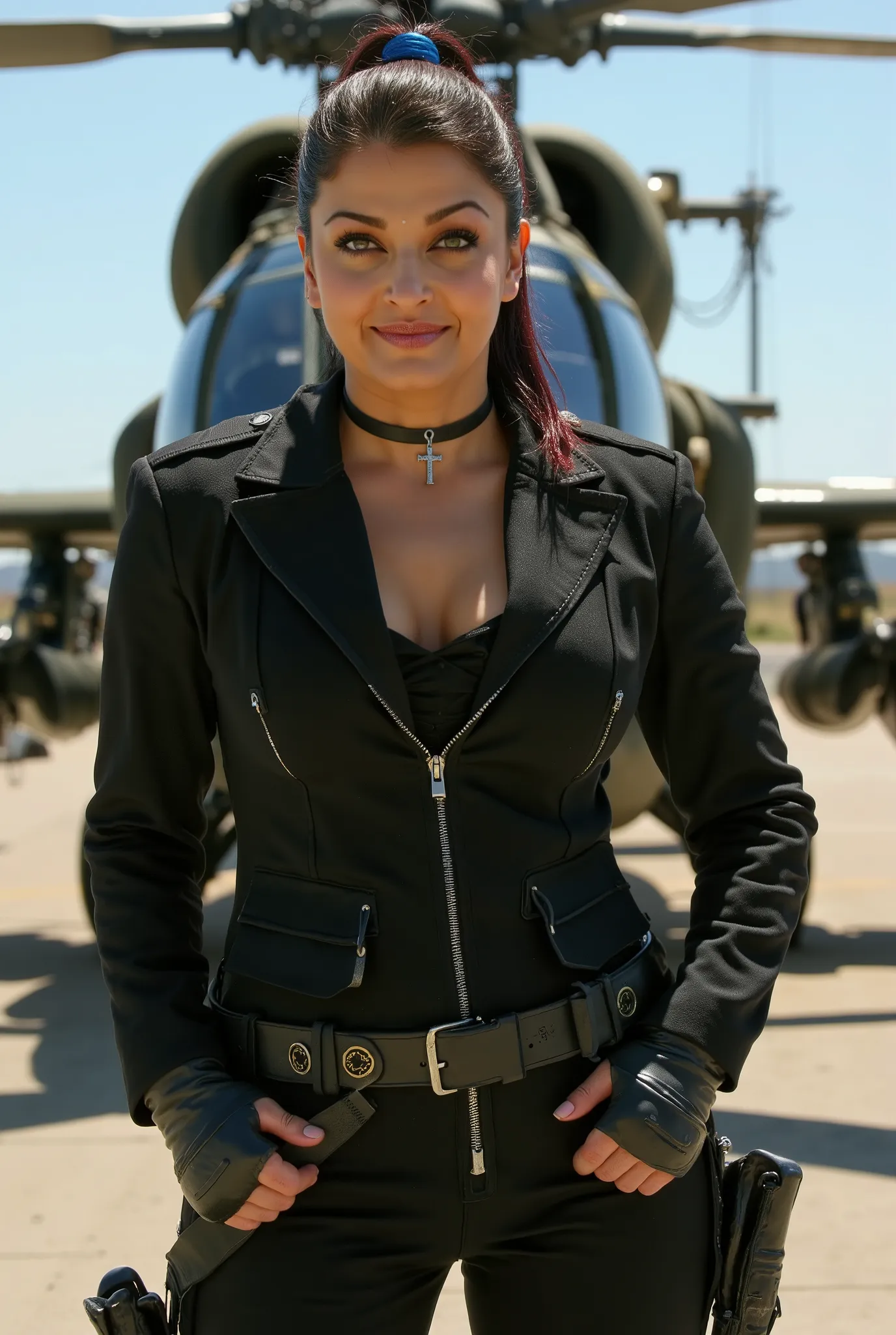 Full body photo of 50YO MATURE MILF AISHWARYA RAI as a SEXIEST ARMY MILF COMMANDO, WEARING FULL (((BLACK UNZIPPED SEXY COMMANDO GEAR EXPOSING BIG BREASTS WITH MASSIVE CLEAVAGE AND MID RIFF))), ((((DARK SMOKY EYE MAKEUP WITH ARCHED EYEBROWS AND JESUS CROSS ...