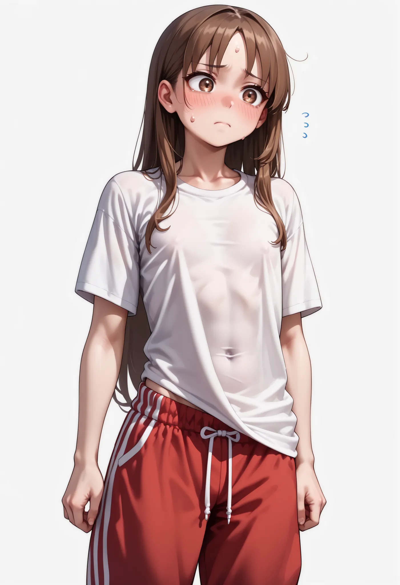 source_anime ,score_9, score_8_ up, score_7, ((White background)) ((Russian woman)) ((1girl)) (solo girl) ,30 years old, rathing_questionable (White oversized t-shirt:1.4) (Red sweatpants:1.2), brown eyes , (brown Long hair) , straight hair , ((small brea...