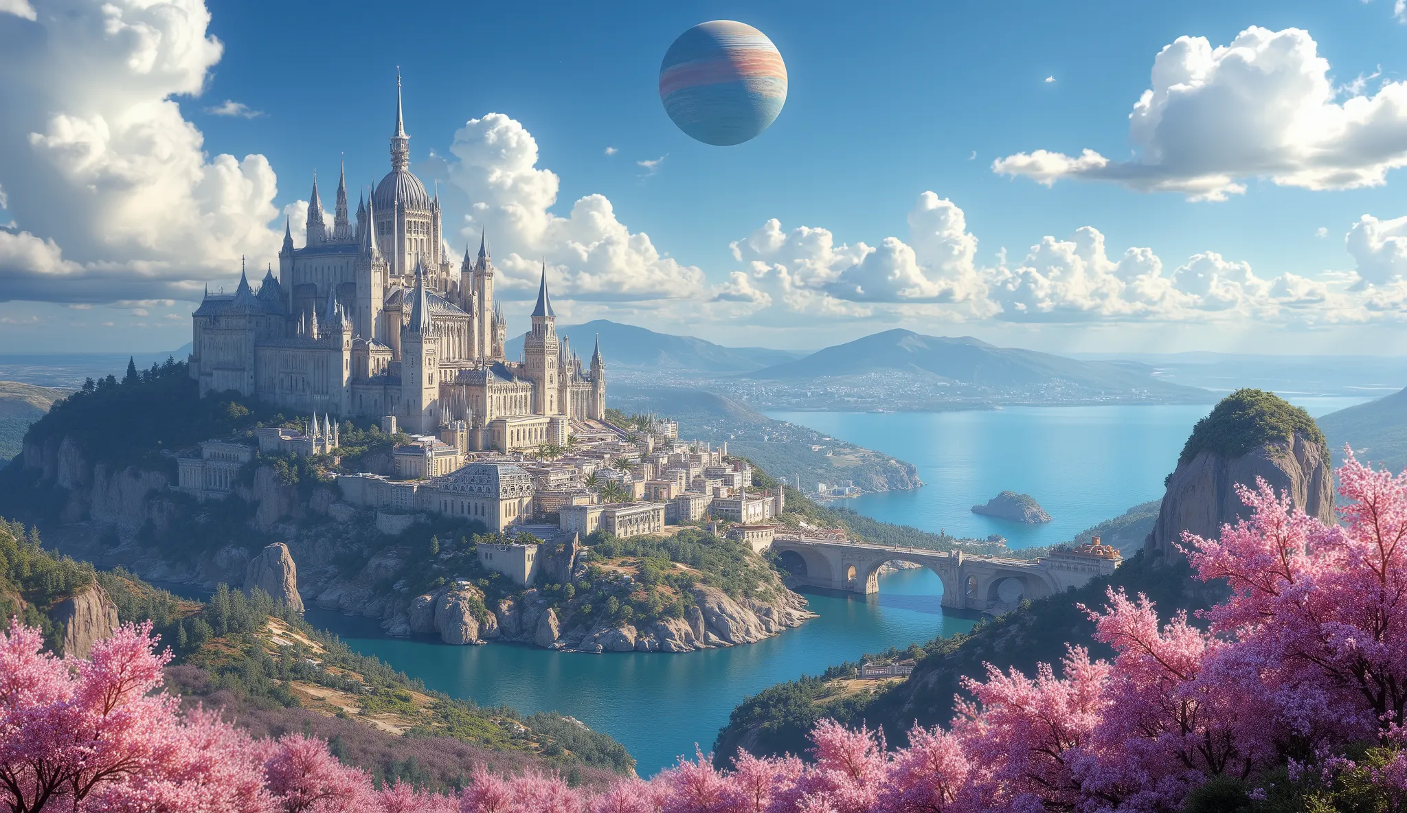 masterpiece, a city in the sky on the top of Mount Olympus, A large ocean, a large forest of cherry blossoms, many clouds everywhere, a planet in the sky and stars, una ciudad en la cima del monte olimpo muy detailed, beautiful cherry blossom forest of bre...