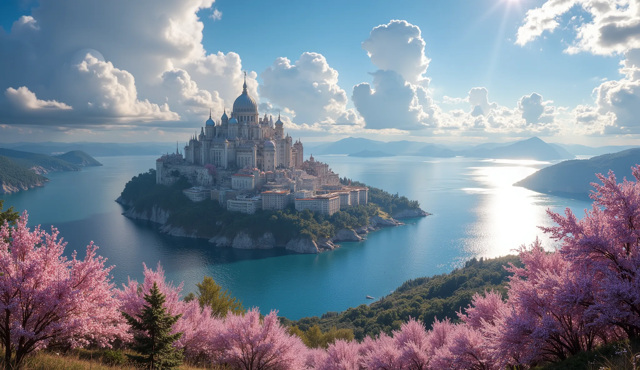 masterpiece, a city in the sky on the top of Mount Olympus, A large ocean, a large forest of cherry blossoms, many clouds everywhere, a planet in the sky and stars, una ciudad en la cima del monte olimpo muy detailed, beautiful cherry blossom forest of bre...