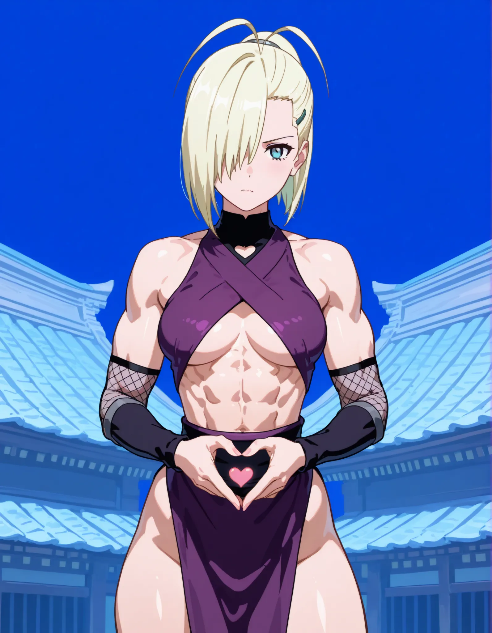 woman making a heart with her hands. Beautiful woman in her thirties, blonde hair, long thin face, blue eyes, thin face, short hair, hair slicked back, emo bangs falling over one eye (antenna bangs) (Yamanaka Ino bangs), tall athletic woman, kunoiche costu...