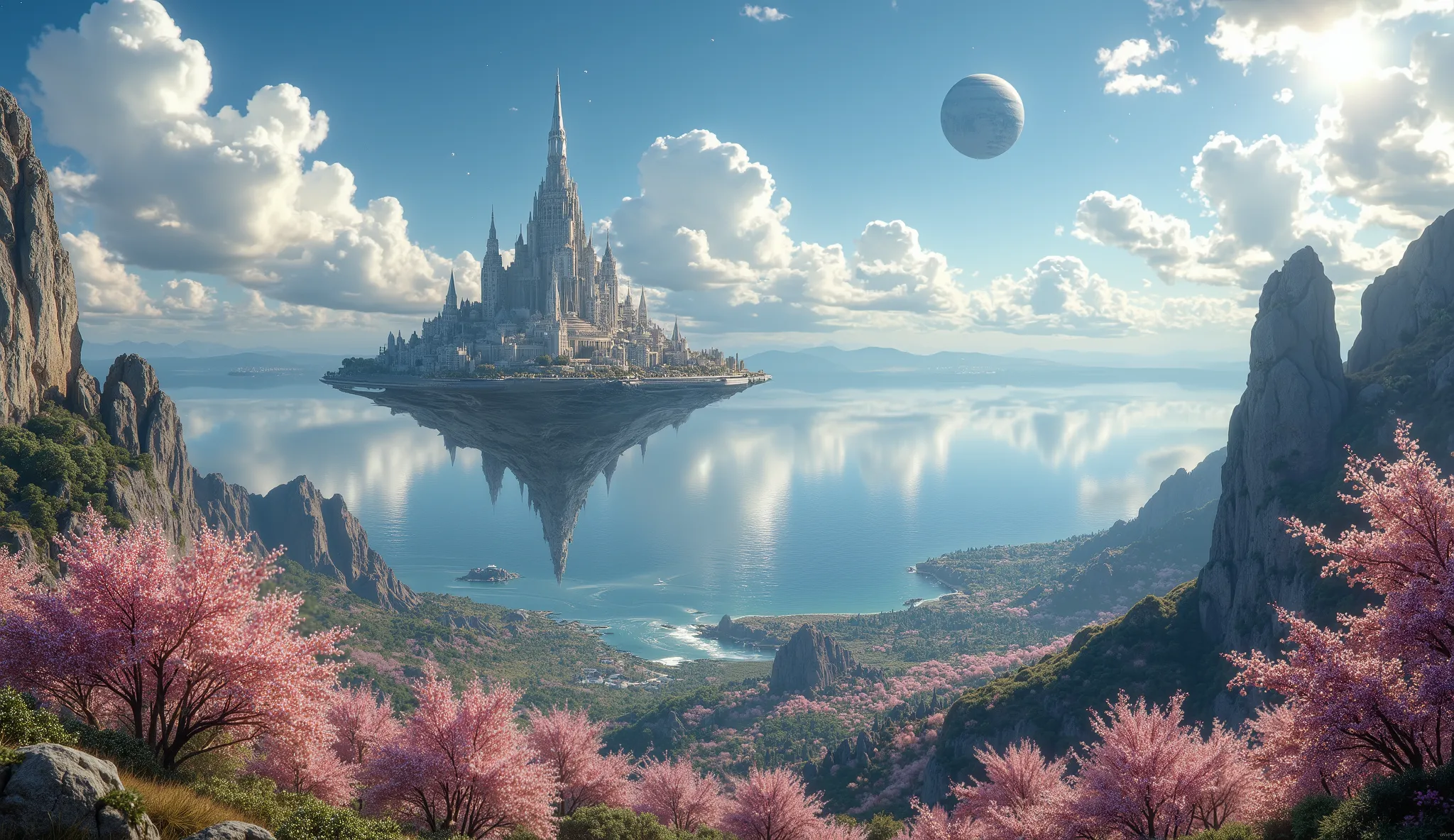 masterpiece, a city in the sky on the top of Mount Olympus, A large ocean, a large forest of cherry blossoms, many clouds everywhere, a planet in the sky and stars, una ciudad en la cima del monte olimpo muy detailed, beautiful cherry blossom forest of bre...