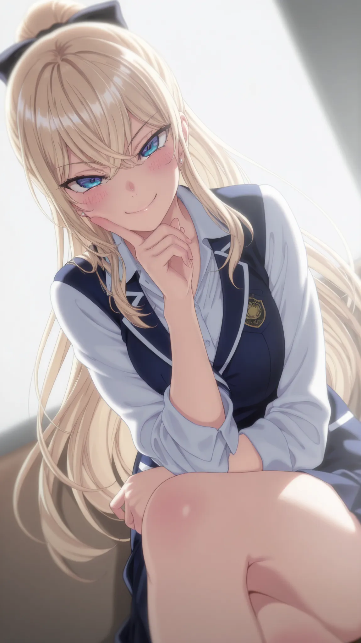 1 girl,Reika Kurashiki, blonde hair, long hair, blue eyes, smiling, happy, blushing, looking at viewer, masterpiece, best quality, high quality, smile, school outfit, dynamic lighting, Ultra detailed, highres, stunning visual cg, all body,sitting, dutch an...