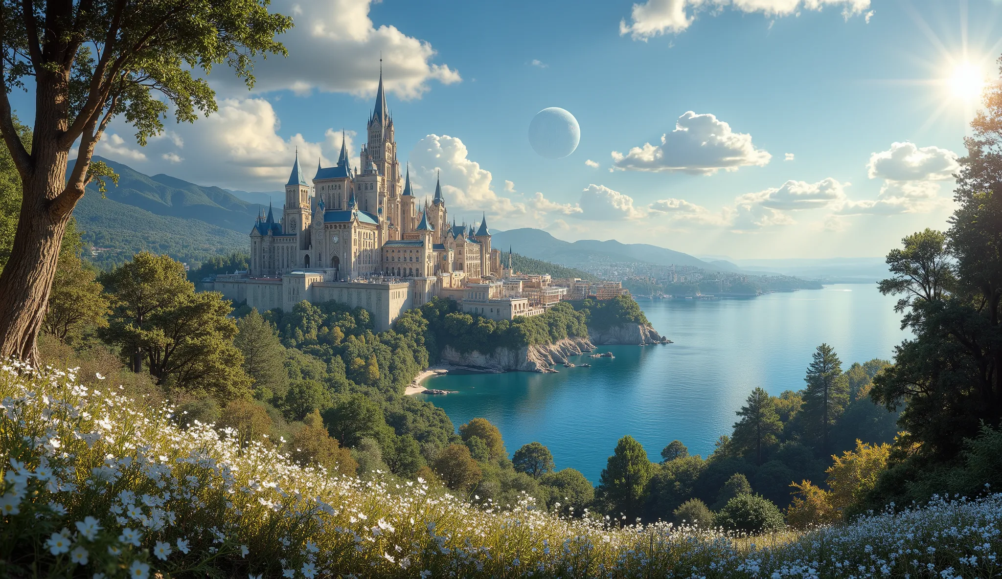 masterpiece, an amazing magical city, a large ocean, a large forest of white flowers, a lot of clouds everywhere, a planet in the sky and stars, a very detailed magical city, beautiful forest of white flowers impressive color, clouds all over the landscape...