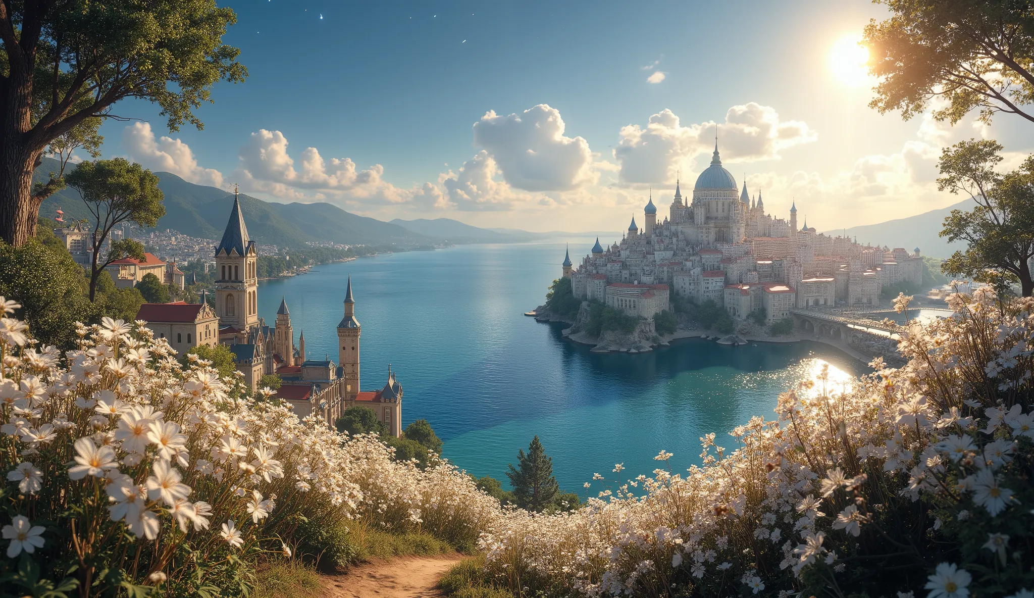 masterpiece, an amazing magical city, a large ocean, a large forest of white flowers, a lot of clouds everywhere, a planet in the sky and stars, a very detailed magical city, beautiful forest of white flowers impressive color, clouds all over the landscape...