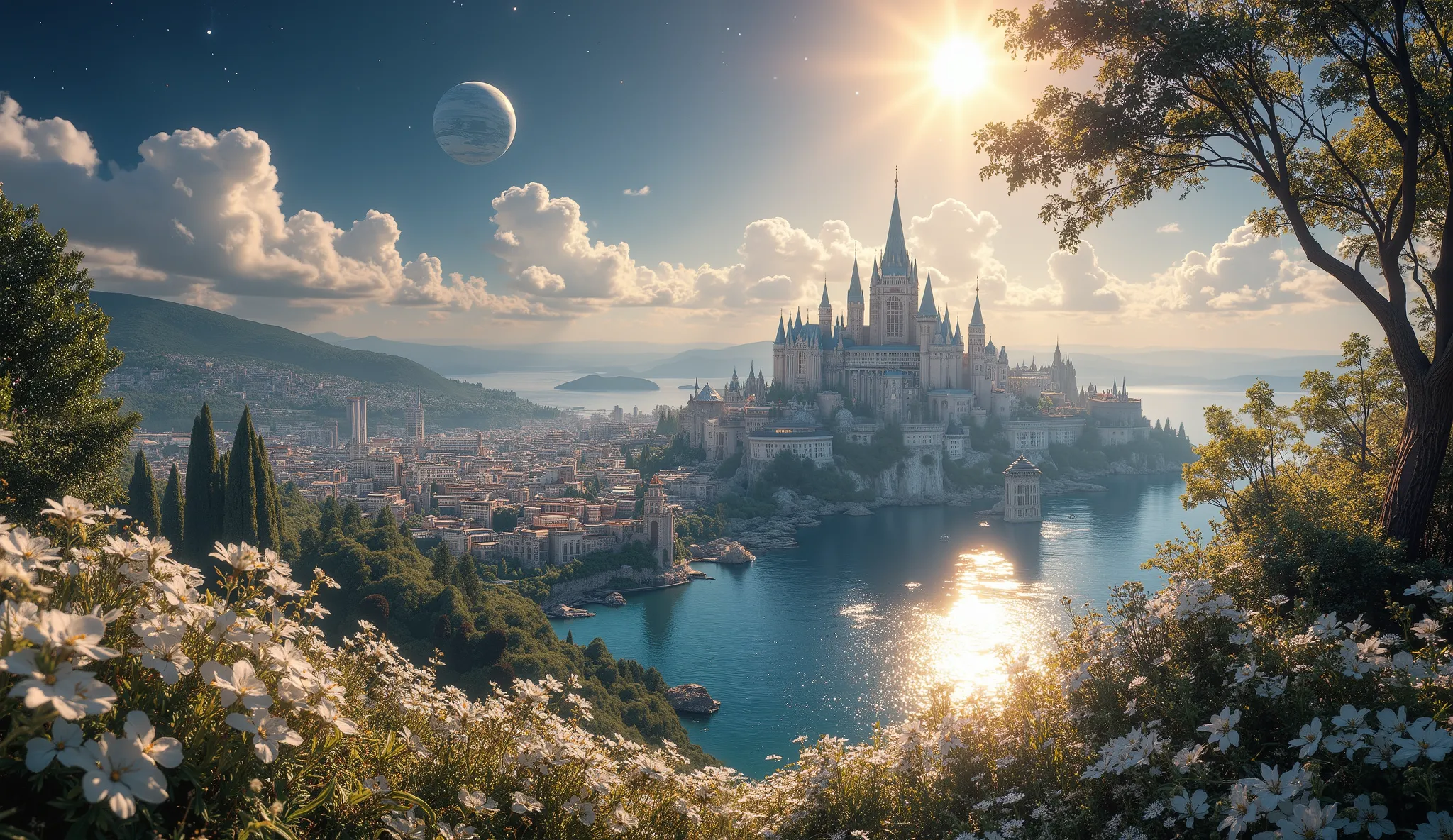 masterpiece, an amazing magical city, a large ocean, a large forest of white flowers, a lot of clouds everywhere, a planet in the sky and stars, a very detailed magical city, beautiful forest of white flowers impressive color, clouds all over the landscape...