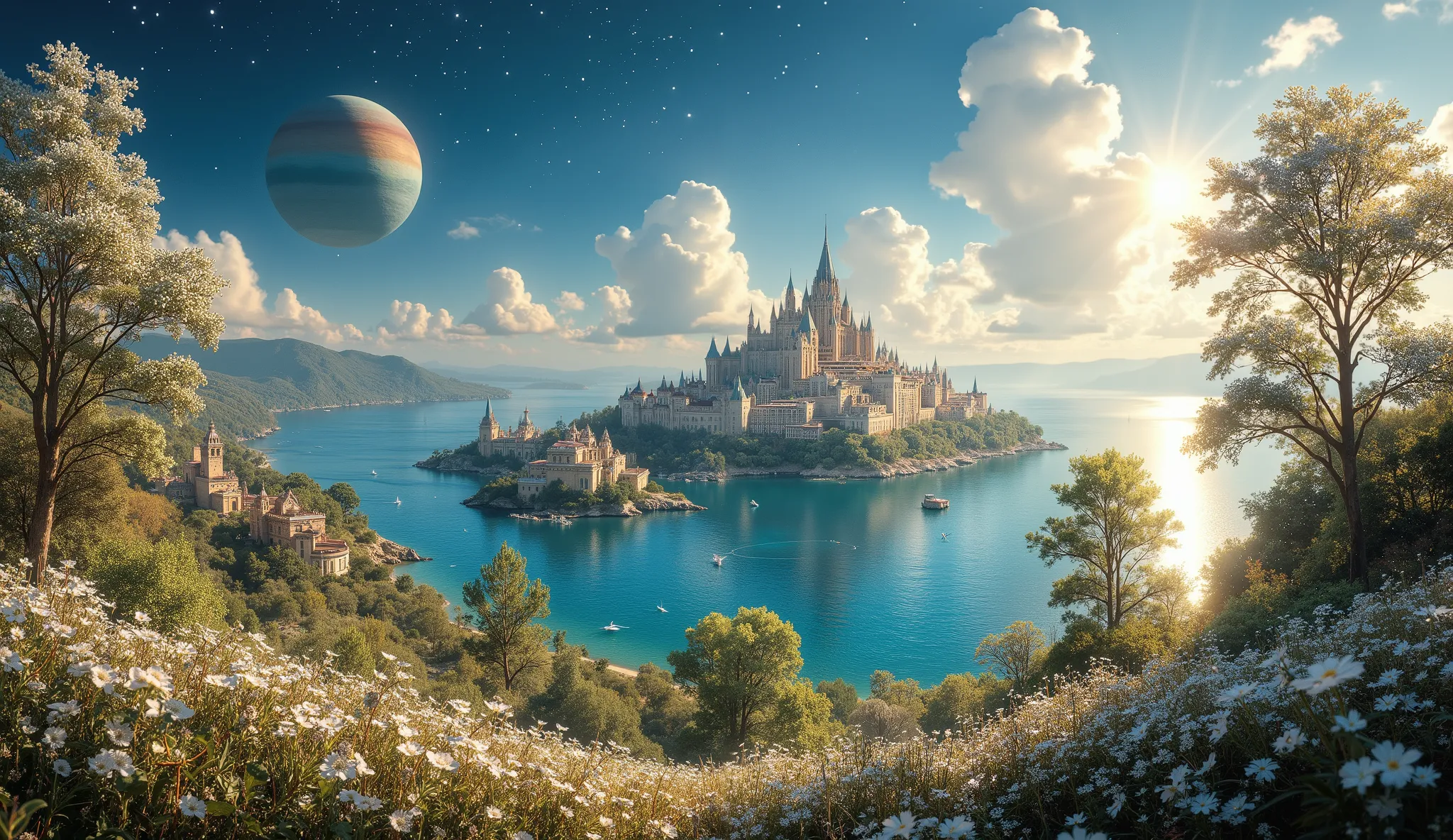 masterpiece, an amazing magical city, a large ocean, a large forest of white flowers, a lot of clouds everywhere, a planet in the sky and stars, a very detailed magical city, beautiful forest of white flowers impressive color, clouds all over the landscape...