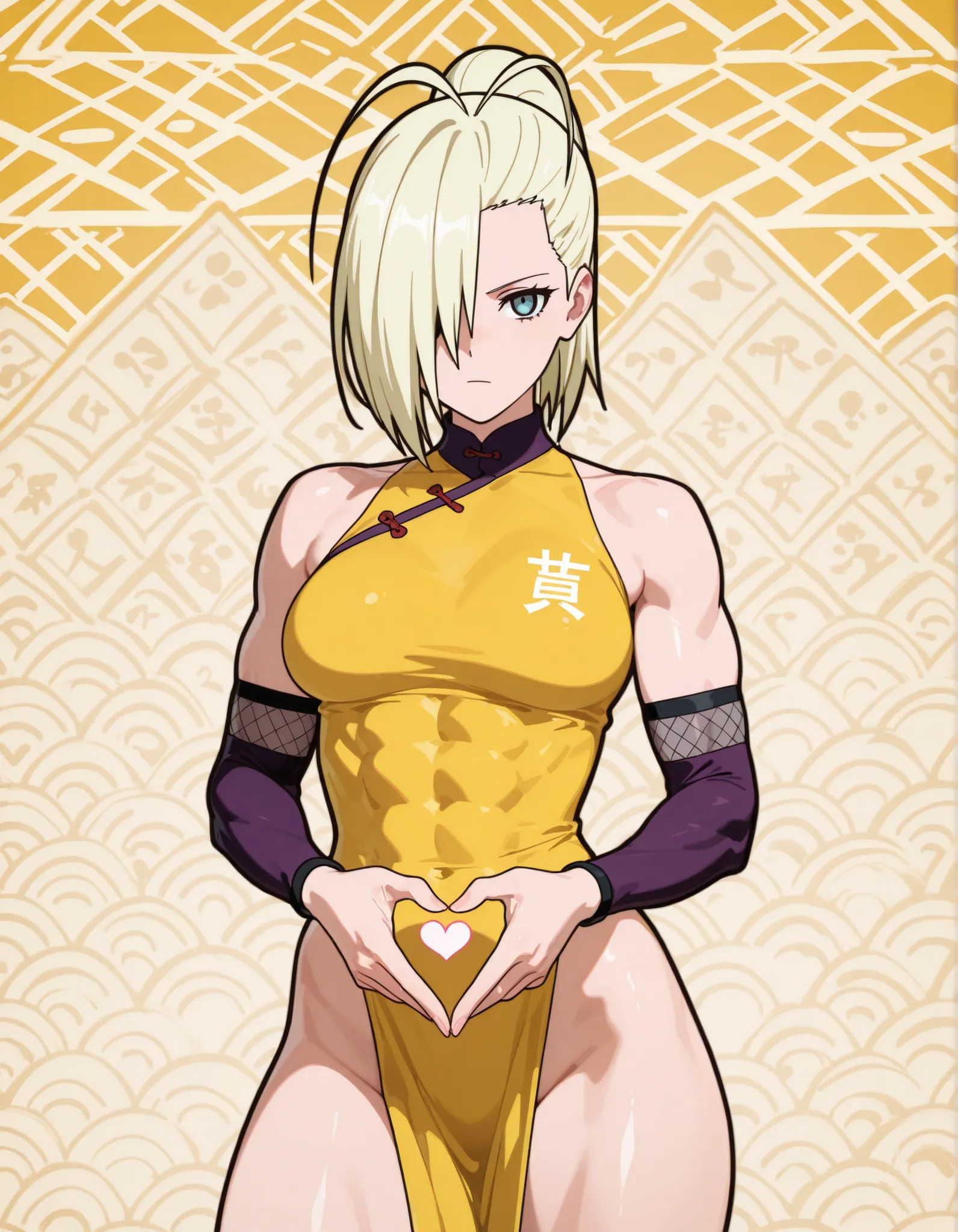 woman making a heart with her hands. Beautiful woman in her thirties, blonde hair, long thin face, blue eyes, thin face, short hair, hair slicked back, emo bangs falling over one eye (antenna bangs) (Yamanaka Ino bangs), tall athletic woman, kunoiche costu...