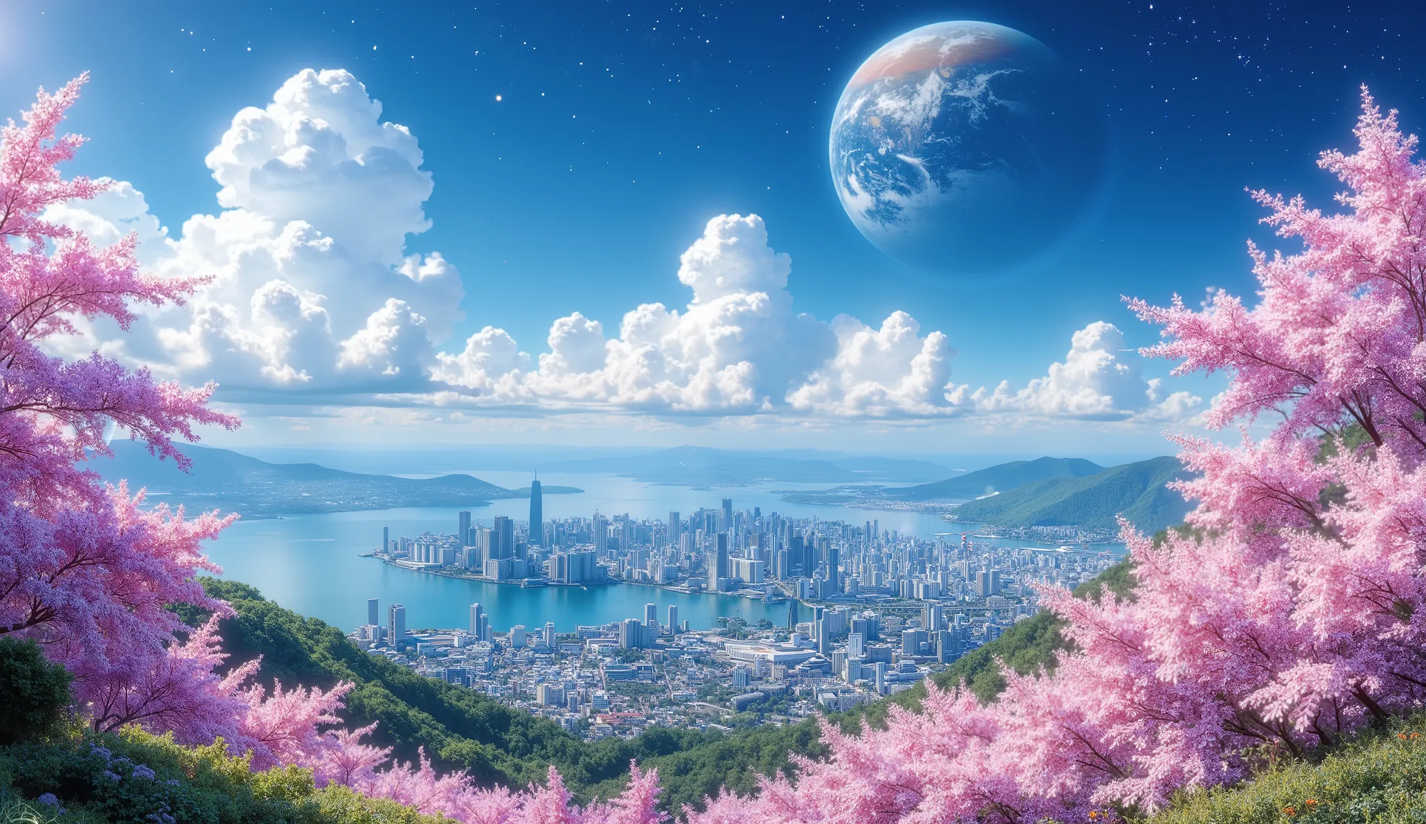 masterpiece, a big city in the center of the ocean, A beautiful big ocean, a large forest of cherry blossoms, many clouds everywhere, a planet in the sky and stars, una ciudad en la cima del monte olimpo muy detailed, beautiful cherry blossom forest of bre...