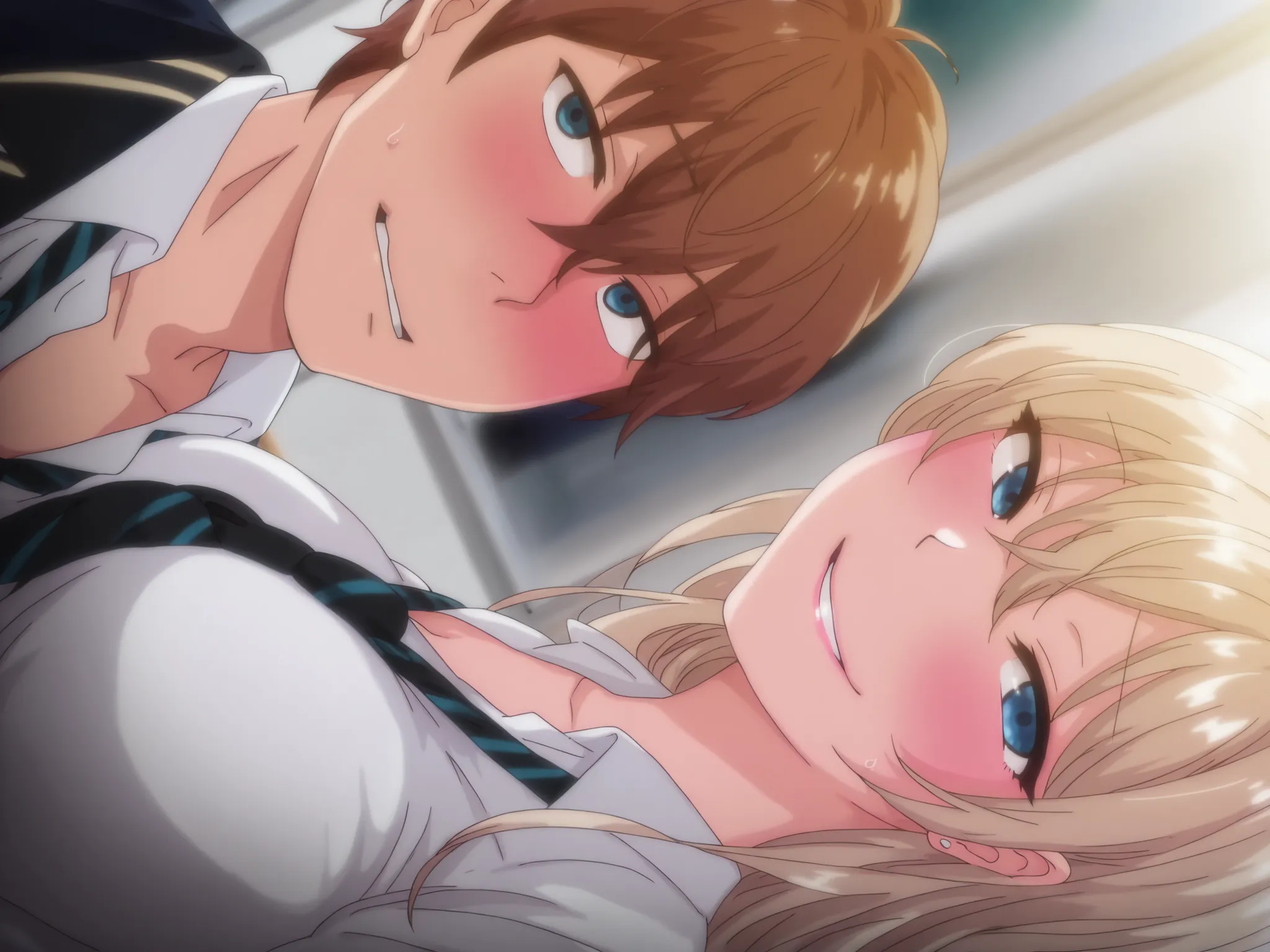 masterpiece, best quality, amazing quality, 2 girls and 1 boy, kurashiki reigns, long hair, blue eyes, blonde hair, smile, half-closed eyes, parted lips, looking at viewer, mischievous face, chisa, alone, chisa_IlXL, brown hair, sideways, looking at boy, t...