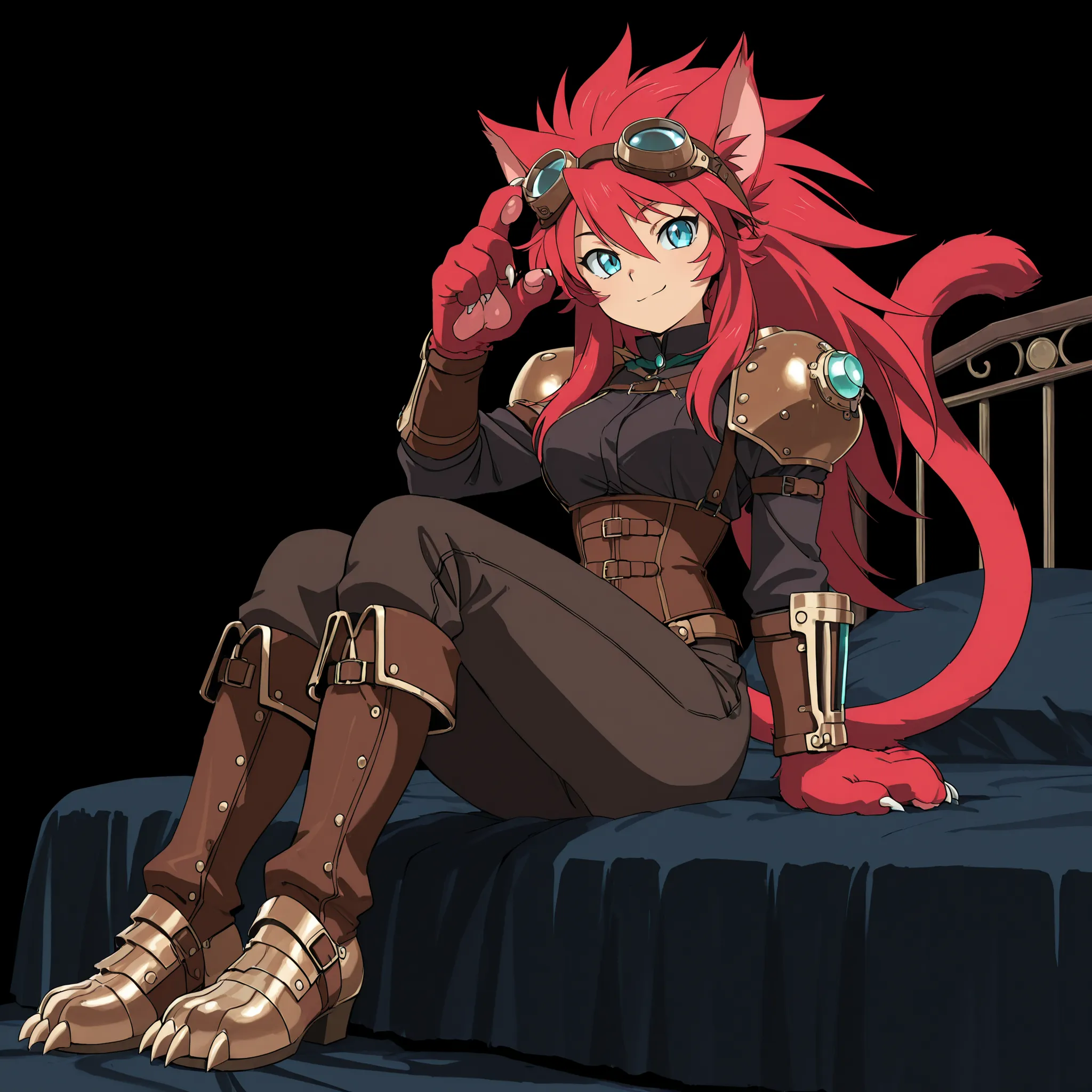 ((solo:5.5)), score_9, score_8_up, best quality, masterpiece, 2d, intricate details, official style, anime, anime style, full body picture, catgirl, 1girl, red hair, spiked hair, blue eyes, enchanting eyes, wild hair, long hair, small smile, animal ears, p...