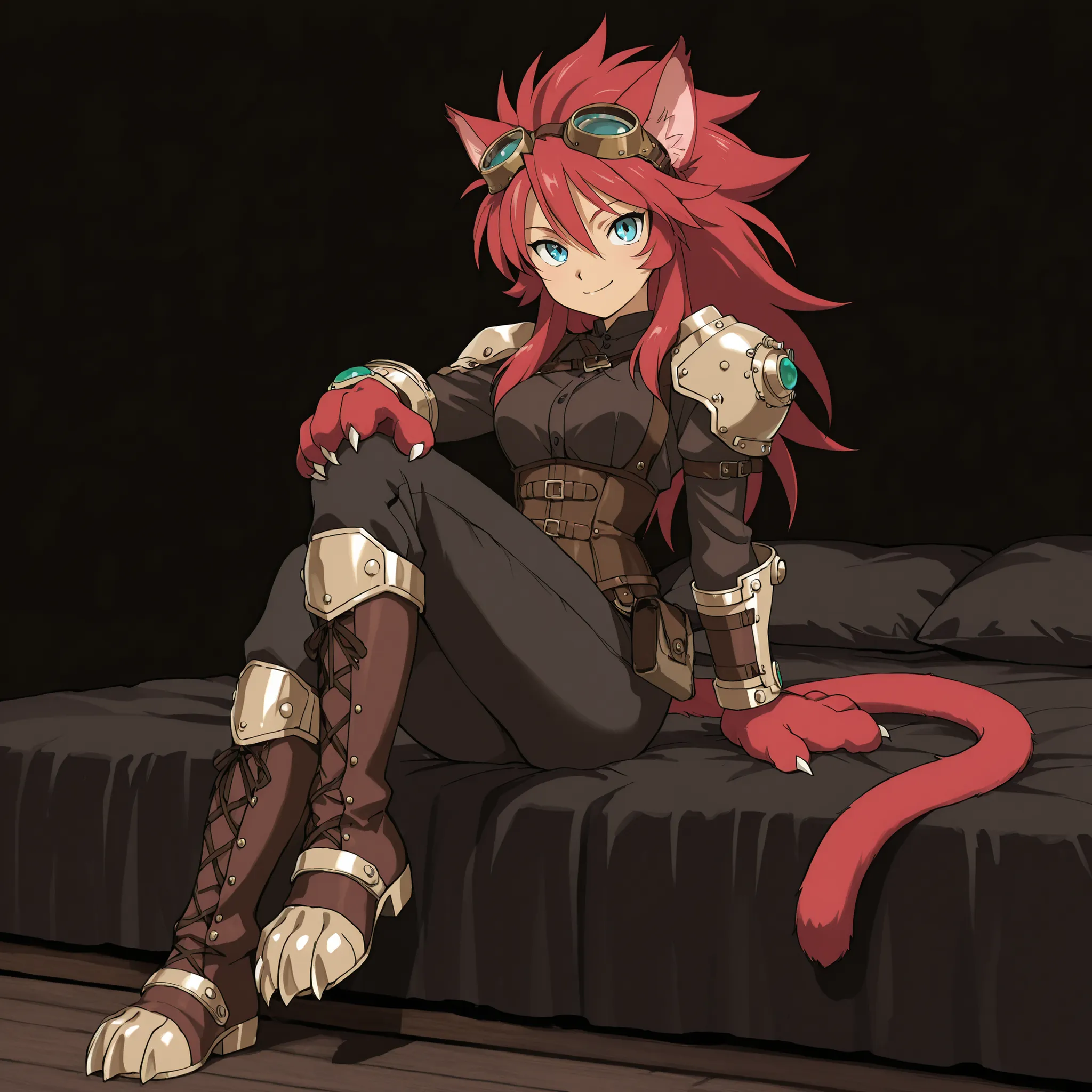((solo:5.5)), score_9, score_8_up, best quality, masterpiece, 2d, intricate details, official style, anime, anime style, full body picture, catgirl, 1girl, red hair, spiked hair, blue eyes, enchanting eyes, wild hair, long hair, small smile, animal ears, p...