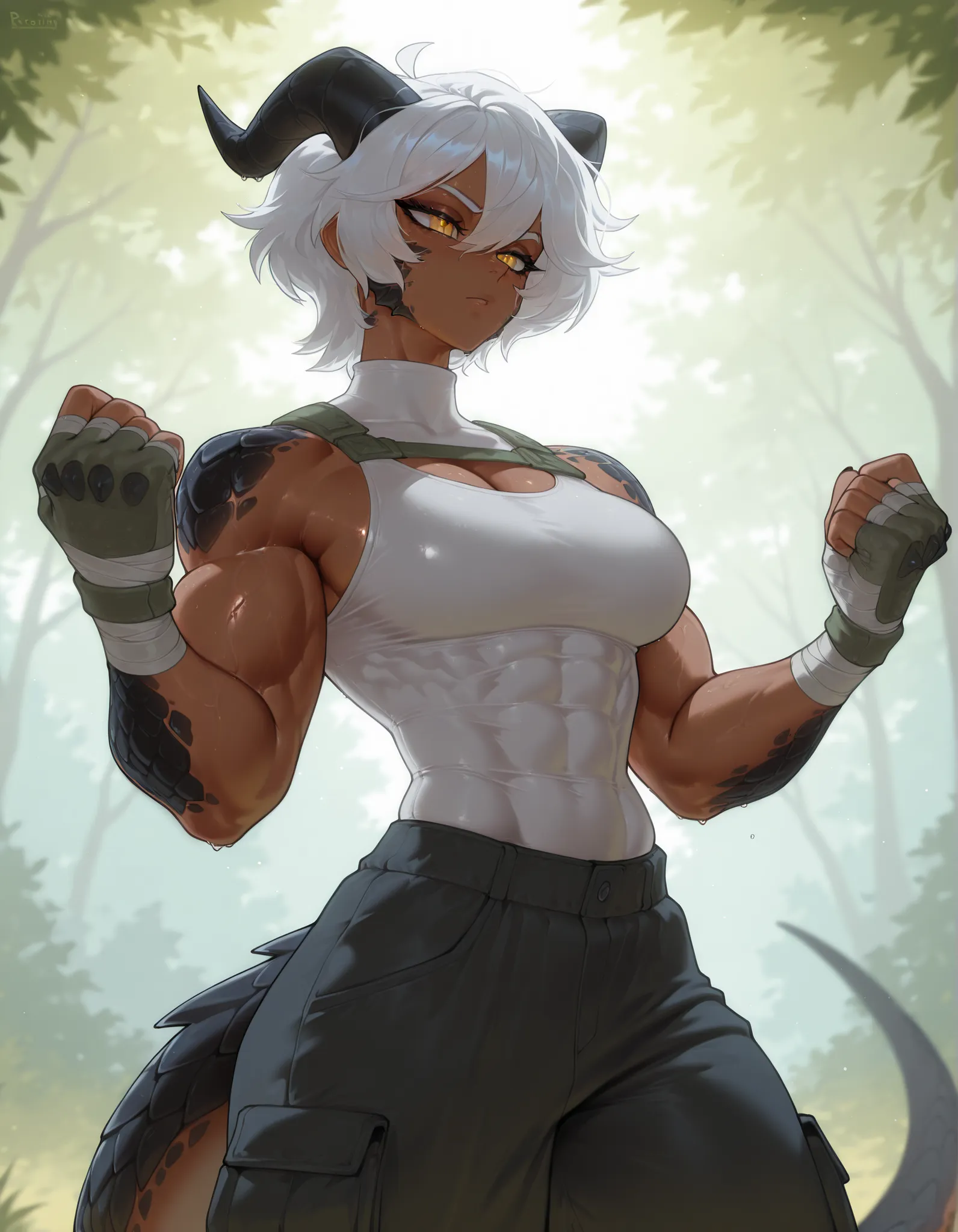 masterpiece, best quality, amazing quality, very aesthetic, absurdres, newest, scenery, extreme detail, 8k, dnd character, fanatsy setting, detailed eyes, yellow eyes, by Riolutiny, tomboy, female, scalie arms and neck, solo, extremely detailed scales, dra...