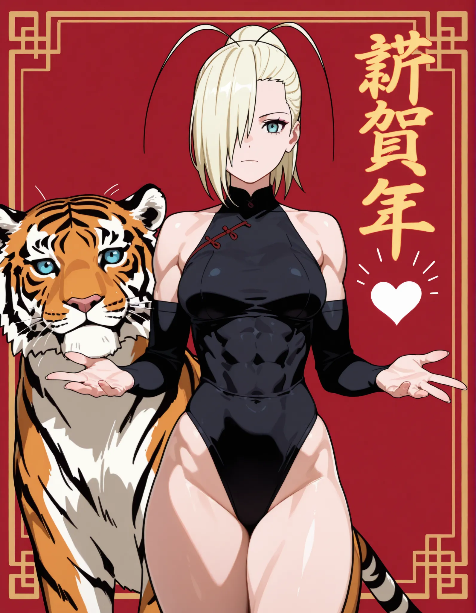 woman making a heart with her hands. Beautiful woman in her thirties, blonde hair, long thin face, blue eyes, thin face, short hair, hair slicked back, emo bangs falling over one eye (antenna bangs) (Yamanaka Ino bangs), tall athletic woman, kunoiche costu...