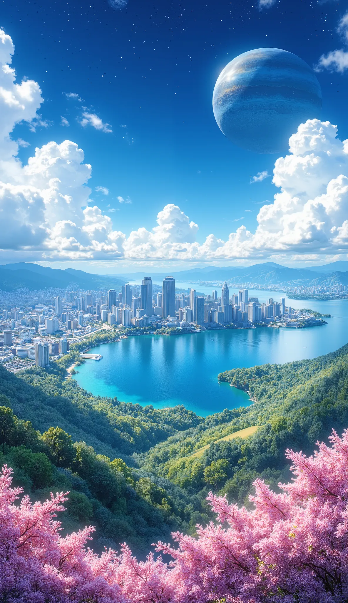 masterpiece, a big city in the center of the ocean, A beautiful big ocean, a large forest of cherry blossoms, many clouds everywhere, a planet in the sky and stars, una ciudad en la cima del monte olimpo muy detailed, beautiful cherry blossom forest of bre...