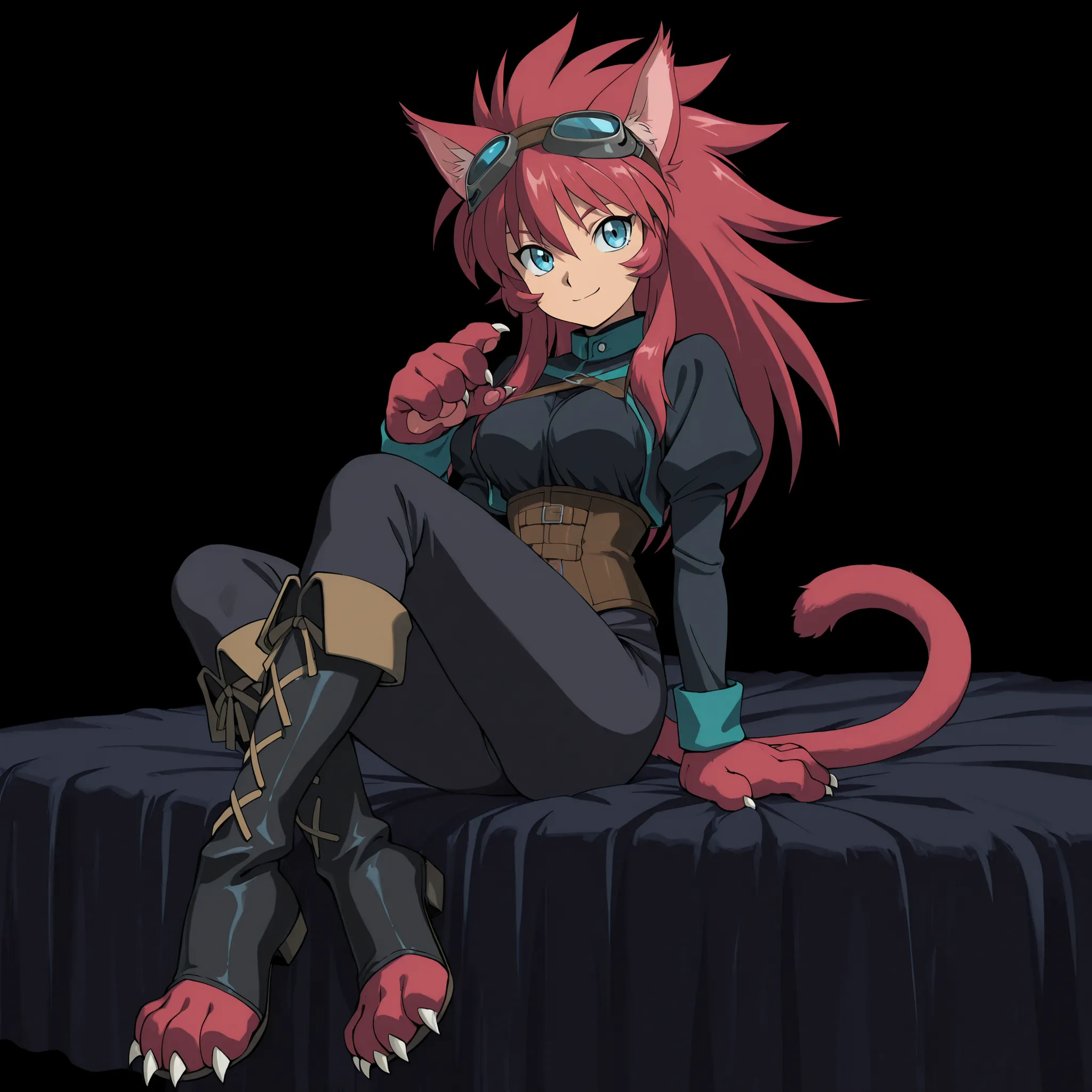 ((solo:5.5)), score_9, score_8_up, best quality, masterpiece, 2d, intricate details, official style, anime, anime style, full body picture, catgirl, 1girl, red hair, spiked hair, blue eyes, enchanting eyes, wild hair, long hair, small smile, animal ears, p...