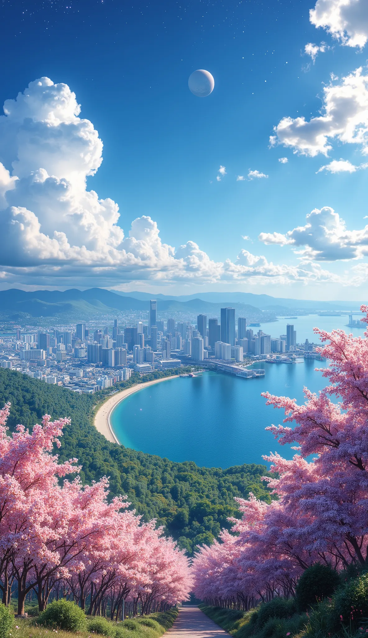 masterpiece, a big city in the center of the ocean, A beautiful big ocean, a large forest of cherry blossoms, many clouds everywhere, a planet in the sky and stars, una ciudad en la cima del monte olimpo muy detailed, beautiful cherry blossom forest of bre...