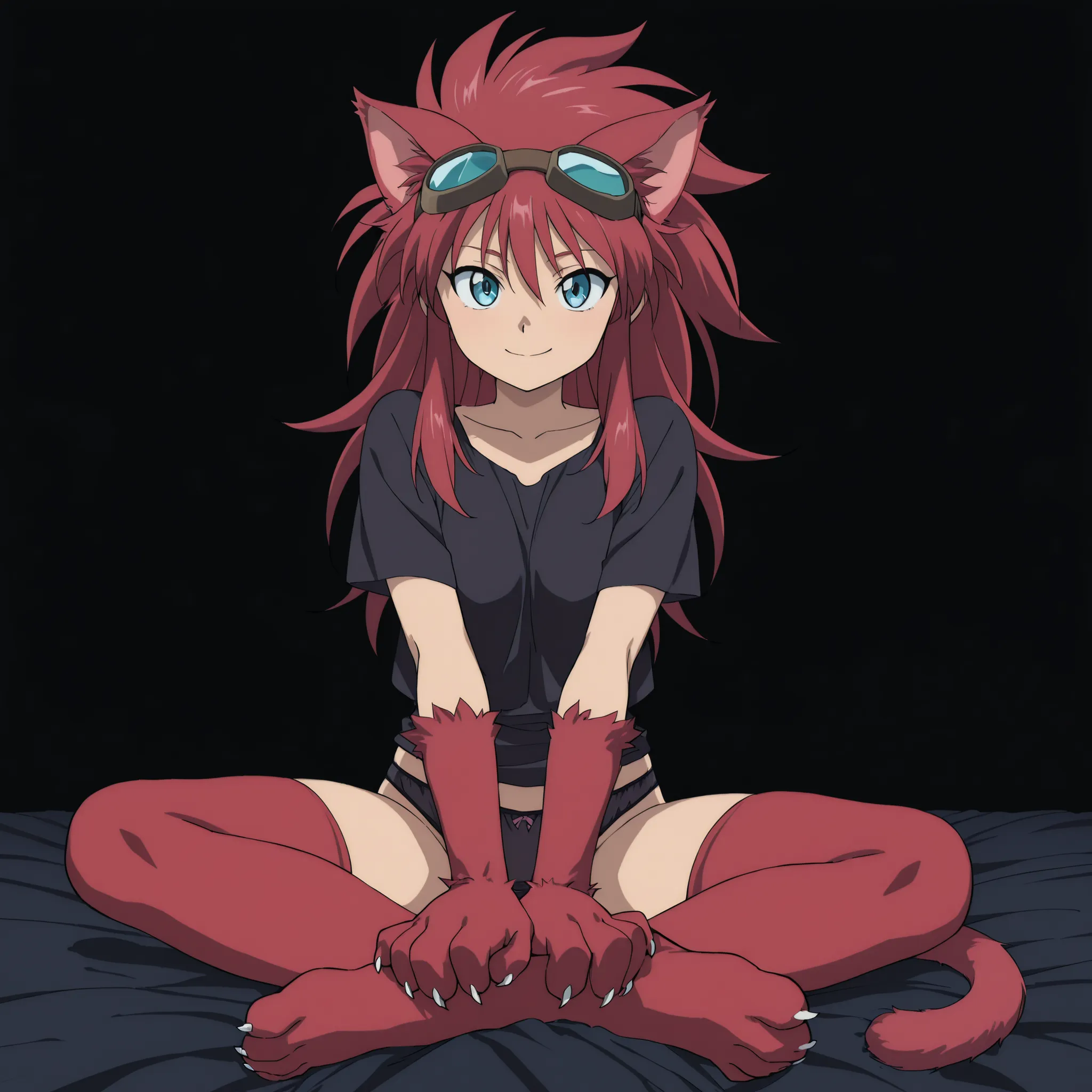 ((solo:5.5)), score_9, score_8_up, best quality, masterpiece, 2d, intricate details, official style, anime, anime style, full body picture, catgirl, 1girl, red hair, spiked hair, blue eyes, enchanting eyes, wild hair, long hair, small smile, animal ears, p...